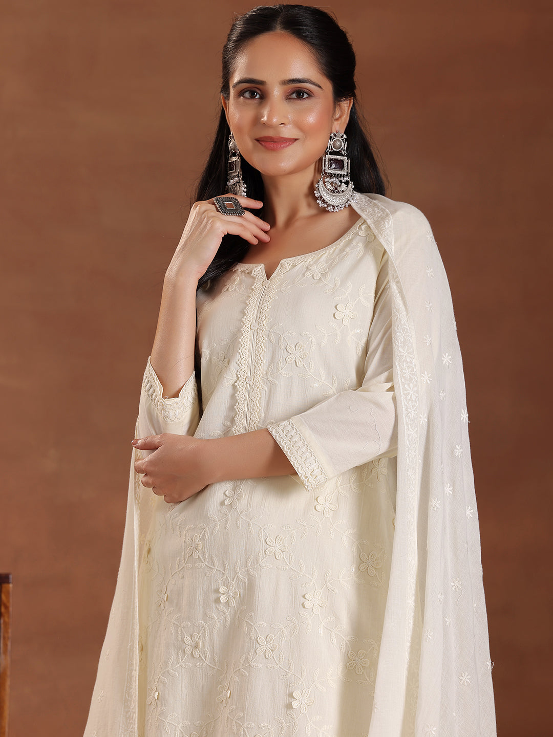 Off White Embroidered Cotton Straight Suit With Dupatta