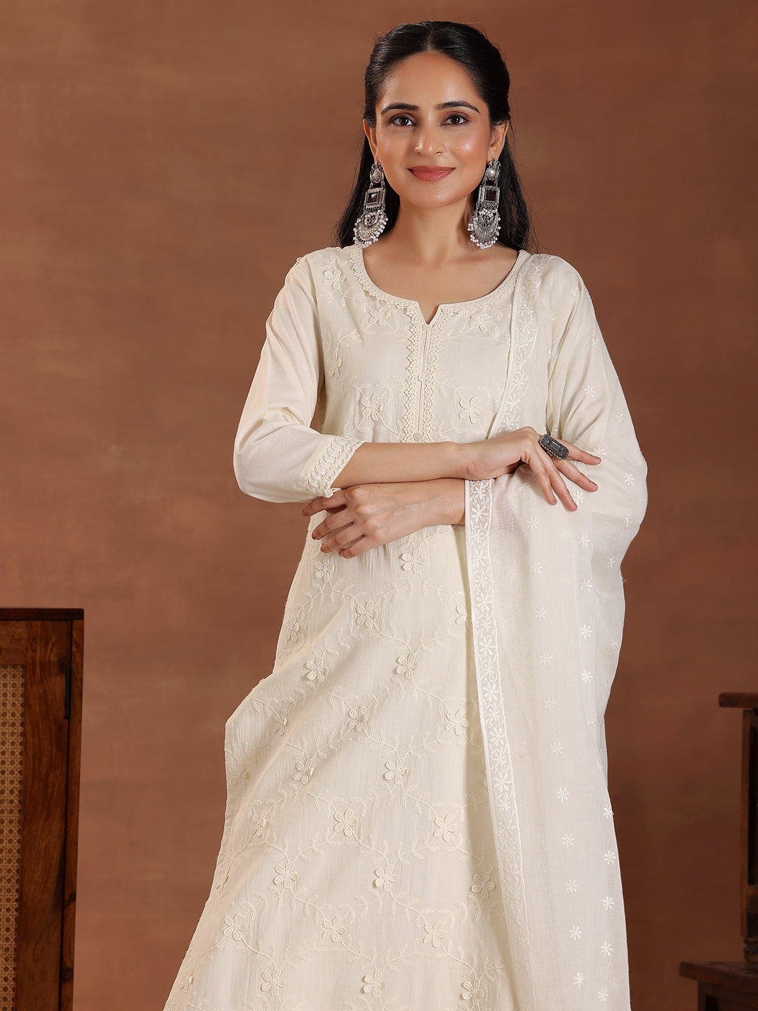 Off White Embroidered Cotton Straight Suit With Dupatta