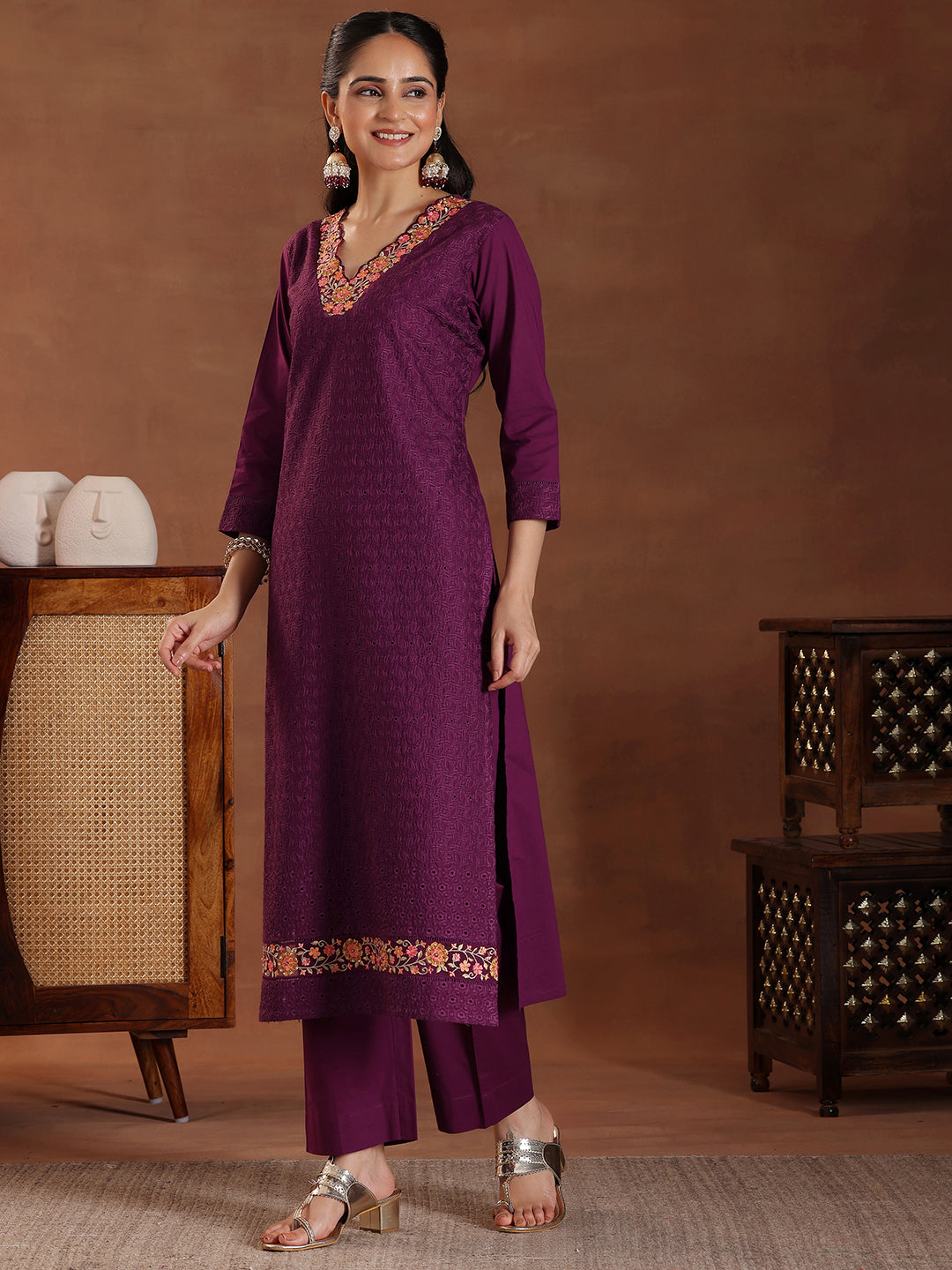 Wine Embroidered Cotton Straight Suit With Dupatta