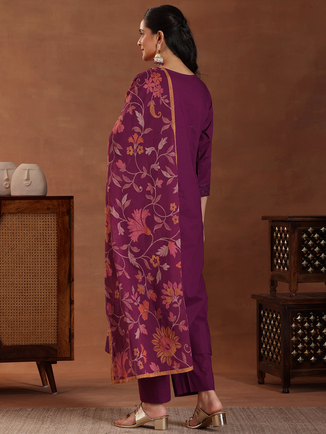 Wine Embroidered Cotton Straight Suit With Dupatta