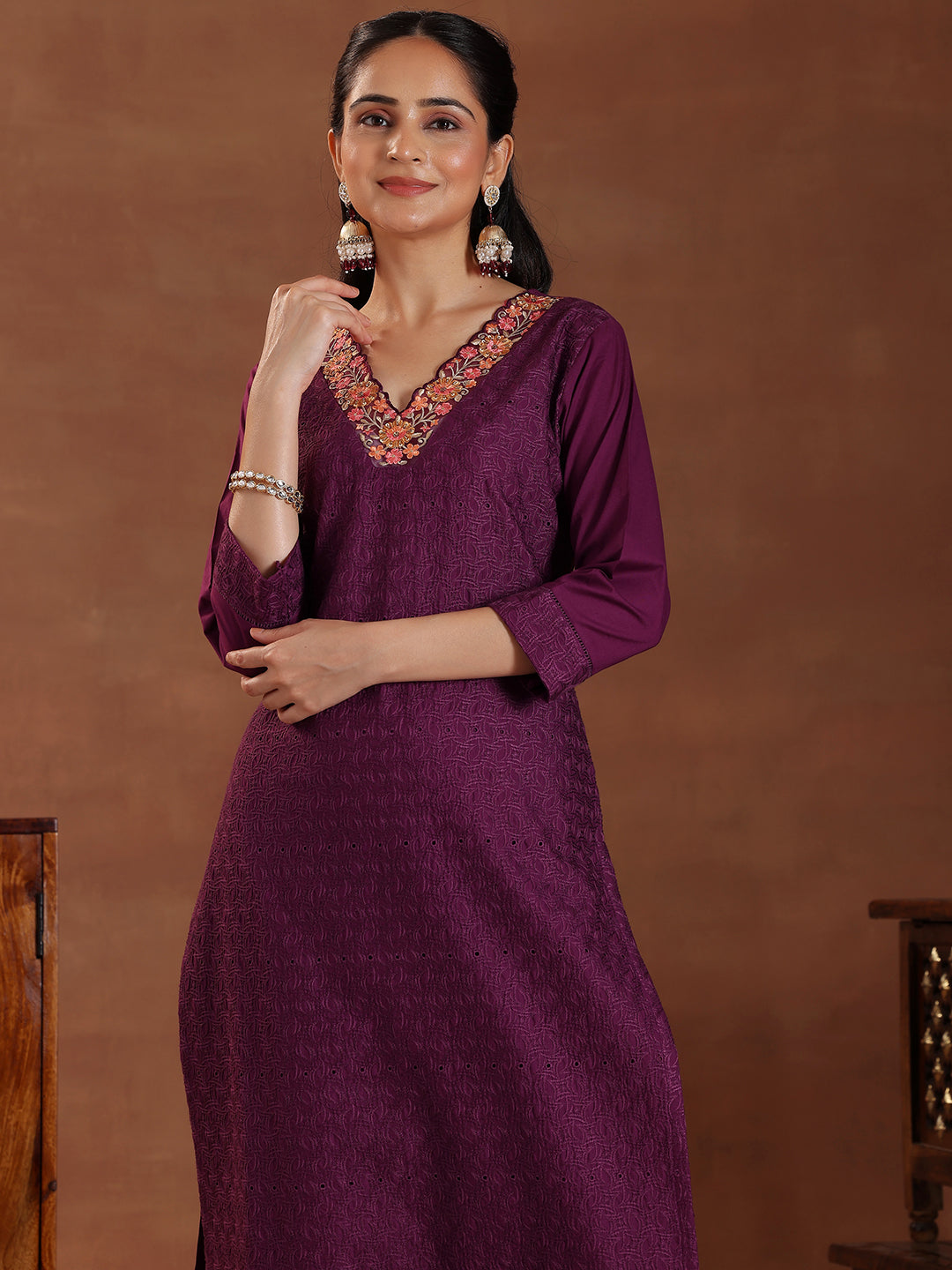 Wine Embroidered Cotton Straight Suit With Dupatta