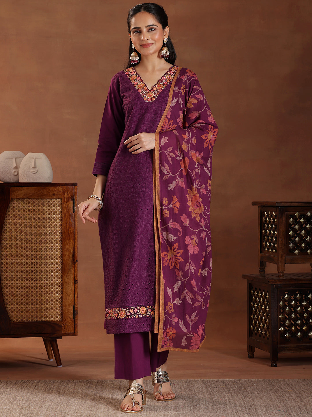 Wine Embroidered Cotton Straight Suit With Dupatta