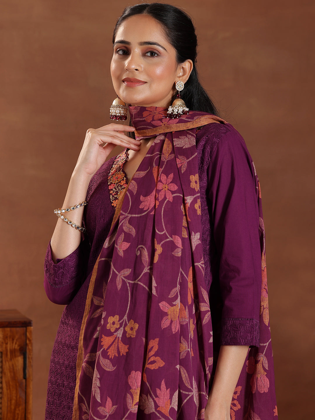 Wine Embroidered Cotton Straight Suit With Dupatta