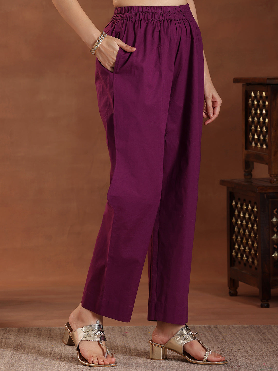 Wine Embroidered Cotton Straight Suit With Dupatta