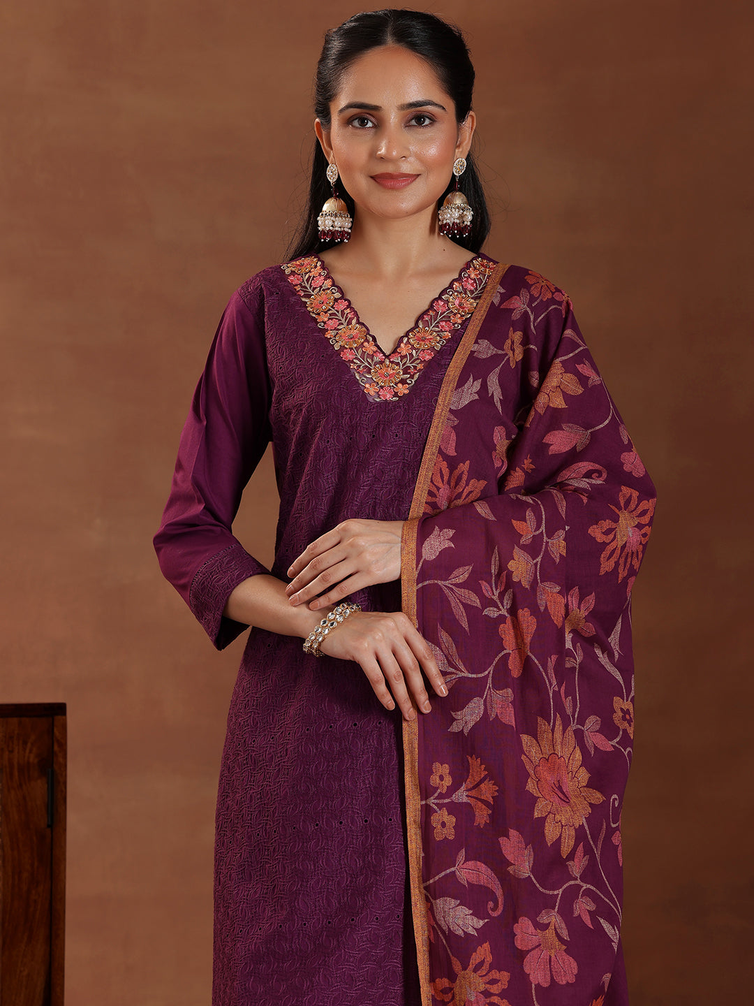 Wine Embroidered Cotton Straight Suit With Dupatta