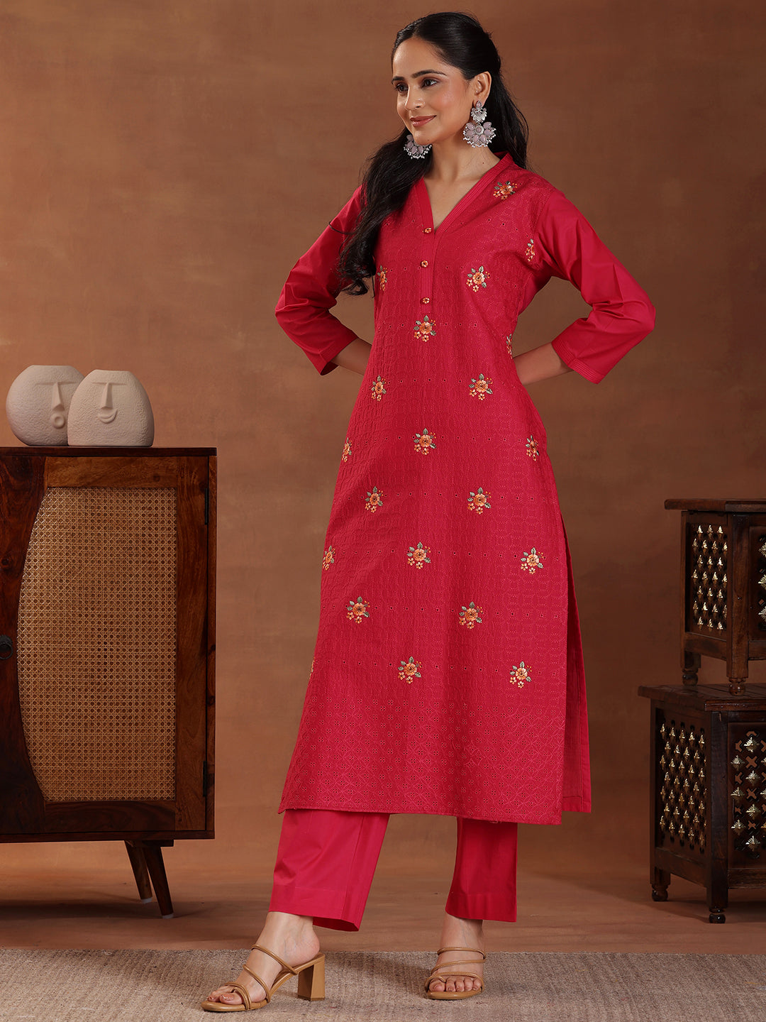 Pink Embroidered Cotton Straight Suit With Dupatta