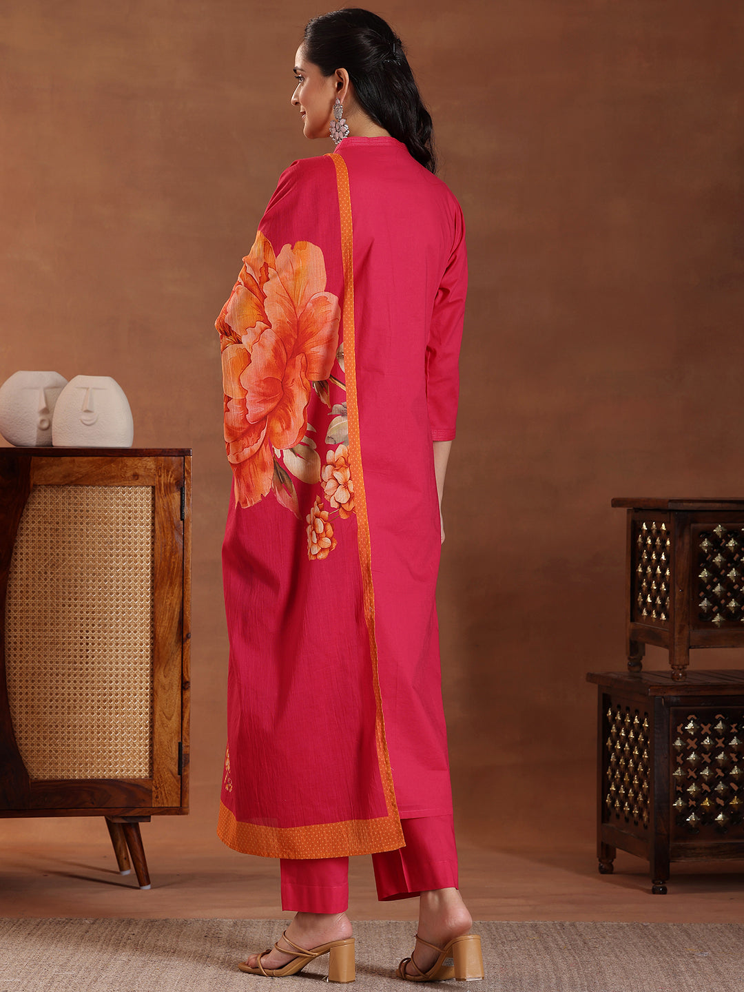 Pink Embroidered Cotton Straight Suit With Dupatta