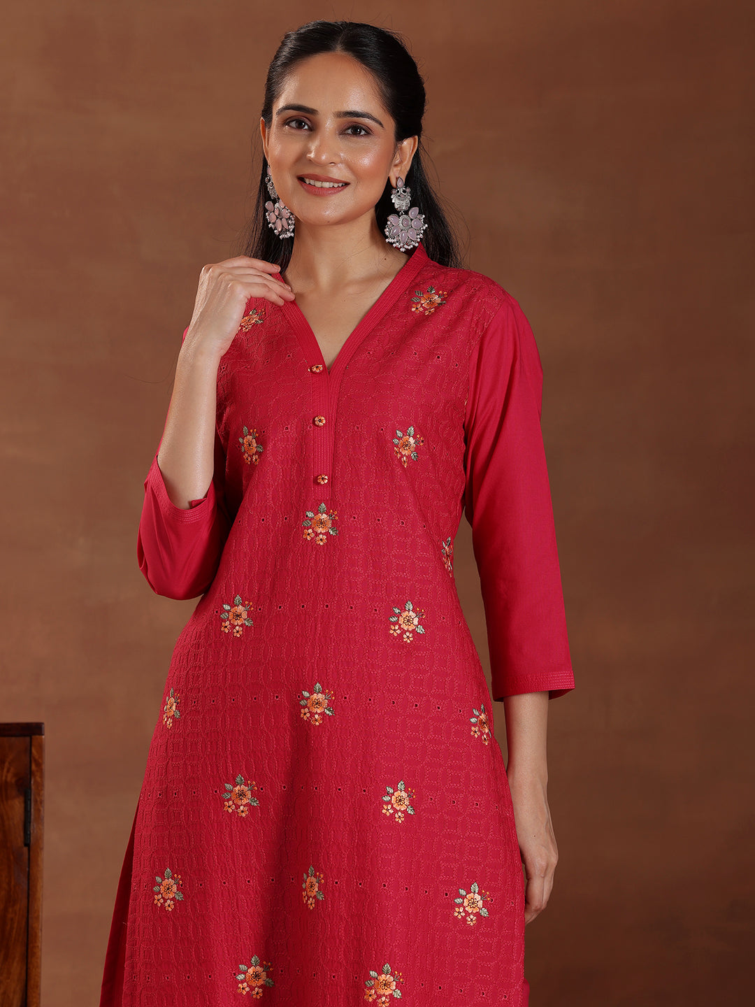 Pink Embroidered Cotton Straight Suit With Dupatta