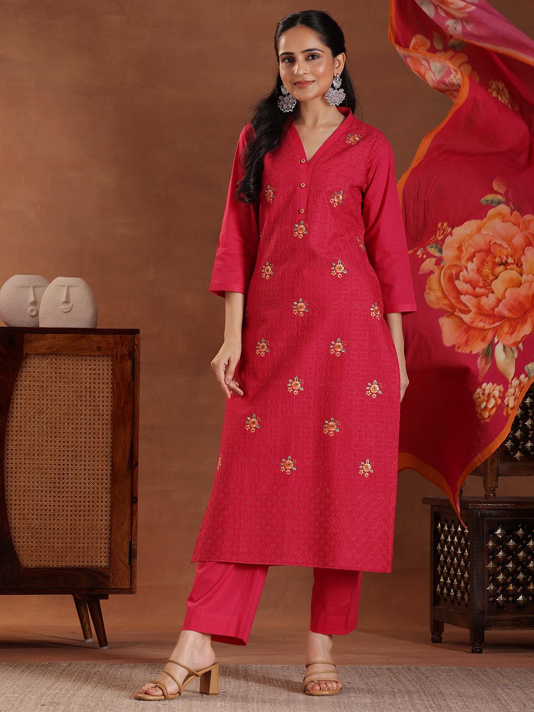 Pink Embroidered Cotton Straight Suit With Dupatta