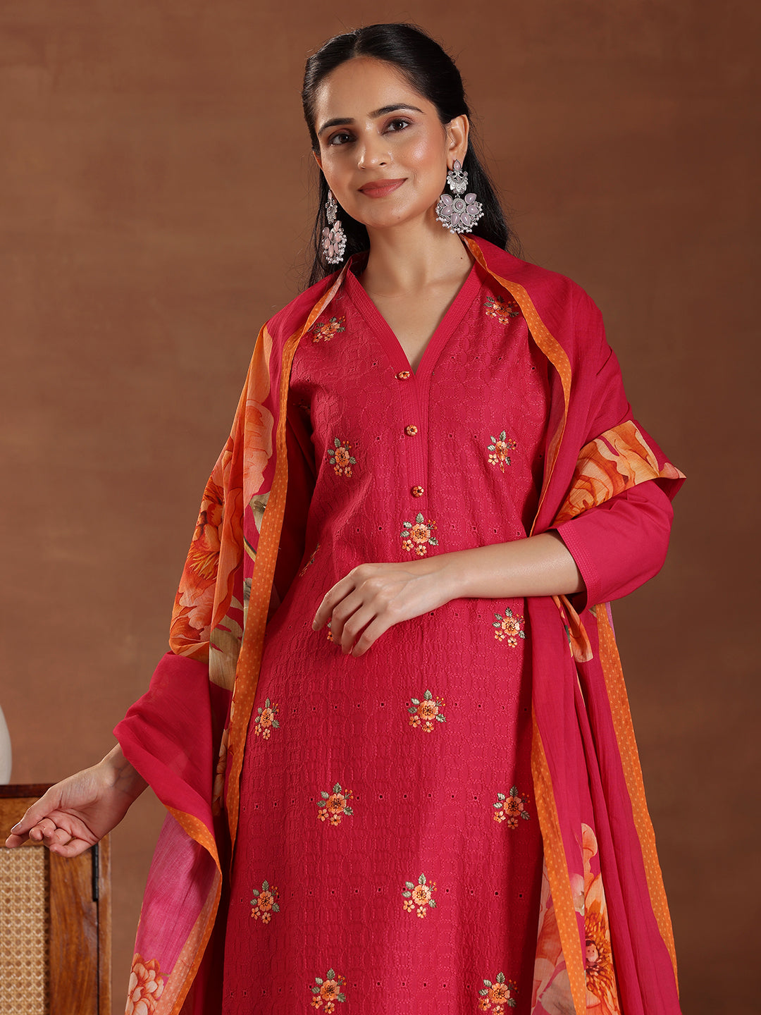 Pink Embroidered Cotton Straight Suit With Dupatta