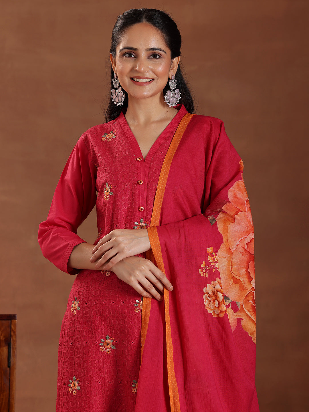 Pink Embroidered Cotton Straight Suit With Dupatta