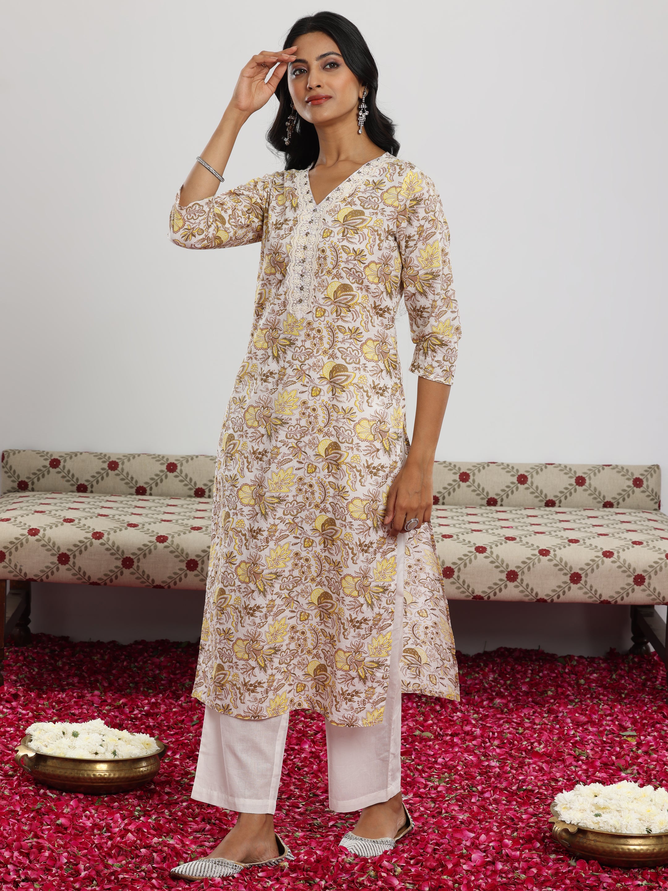 Off White Printed Cotton Straight Suit With Dupatta