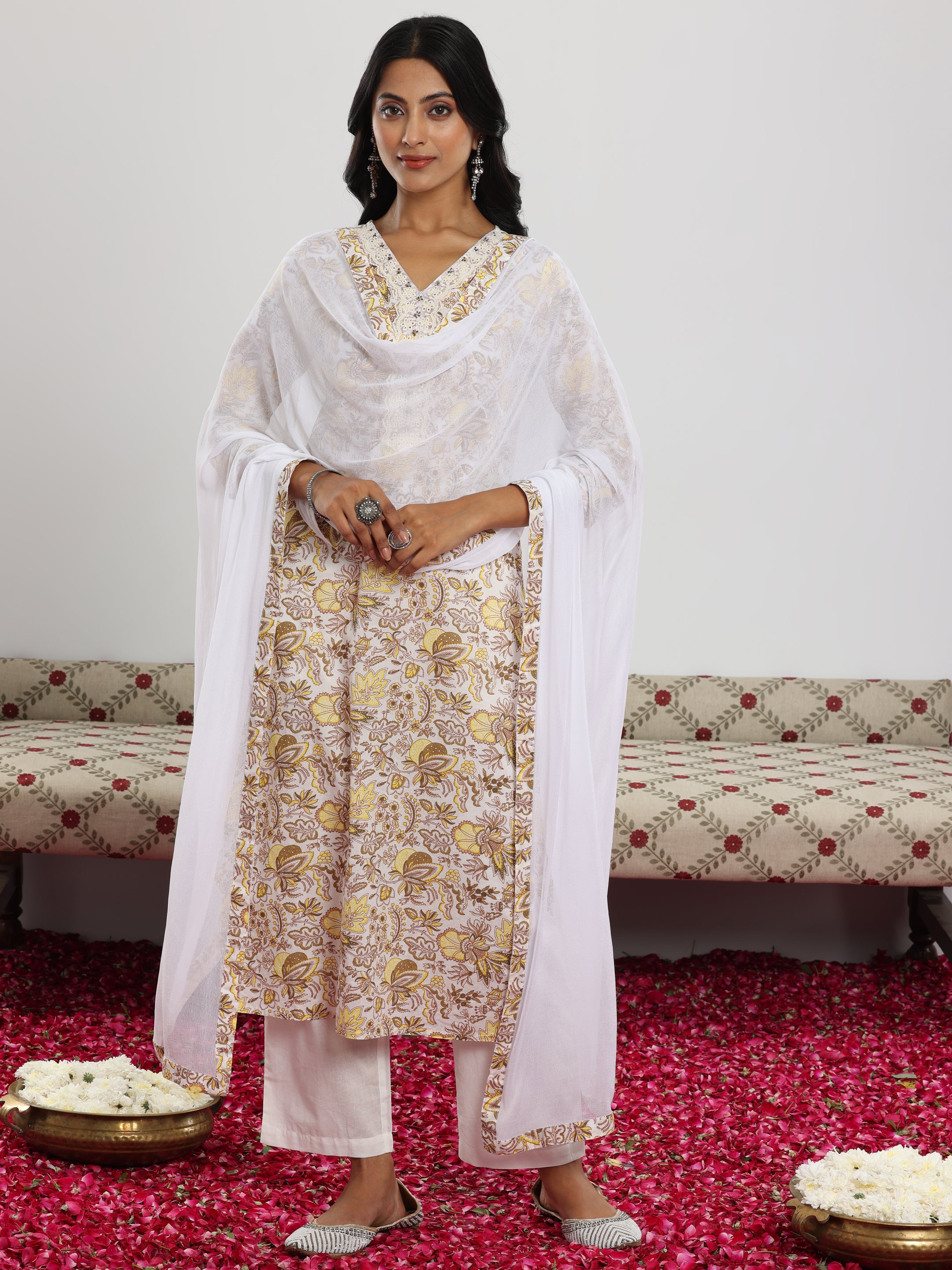 Off White Printed Cotton Straight Suit With Dupatta