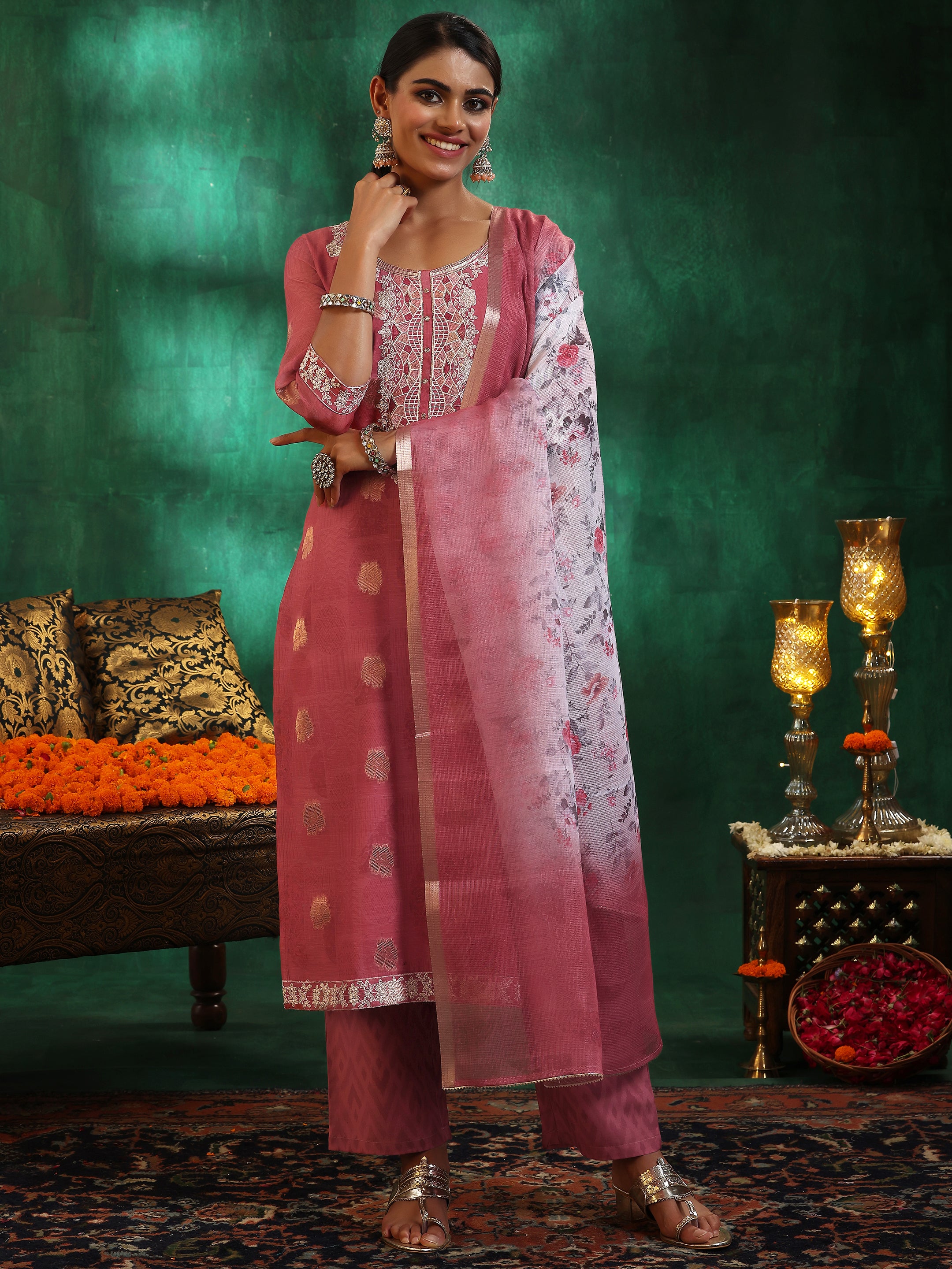 Pink Woven Design Silk Blend Straight Suit With Dupatta