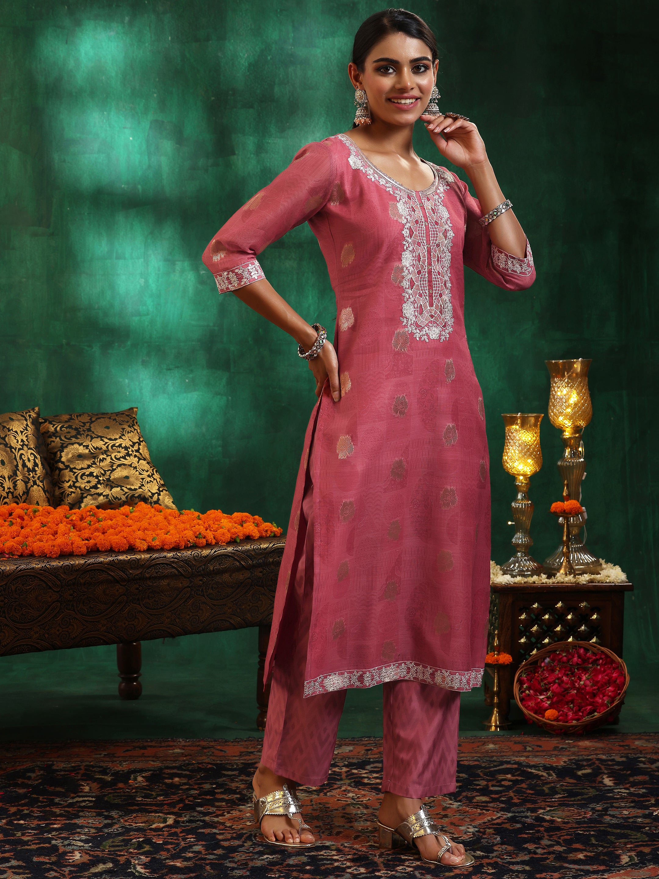 Pink Woven Design Silk Blend Straight Suit With Dupatta