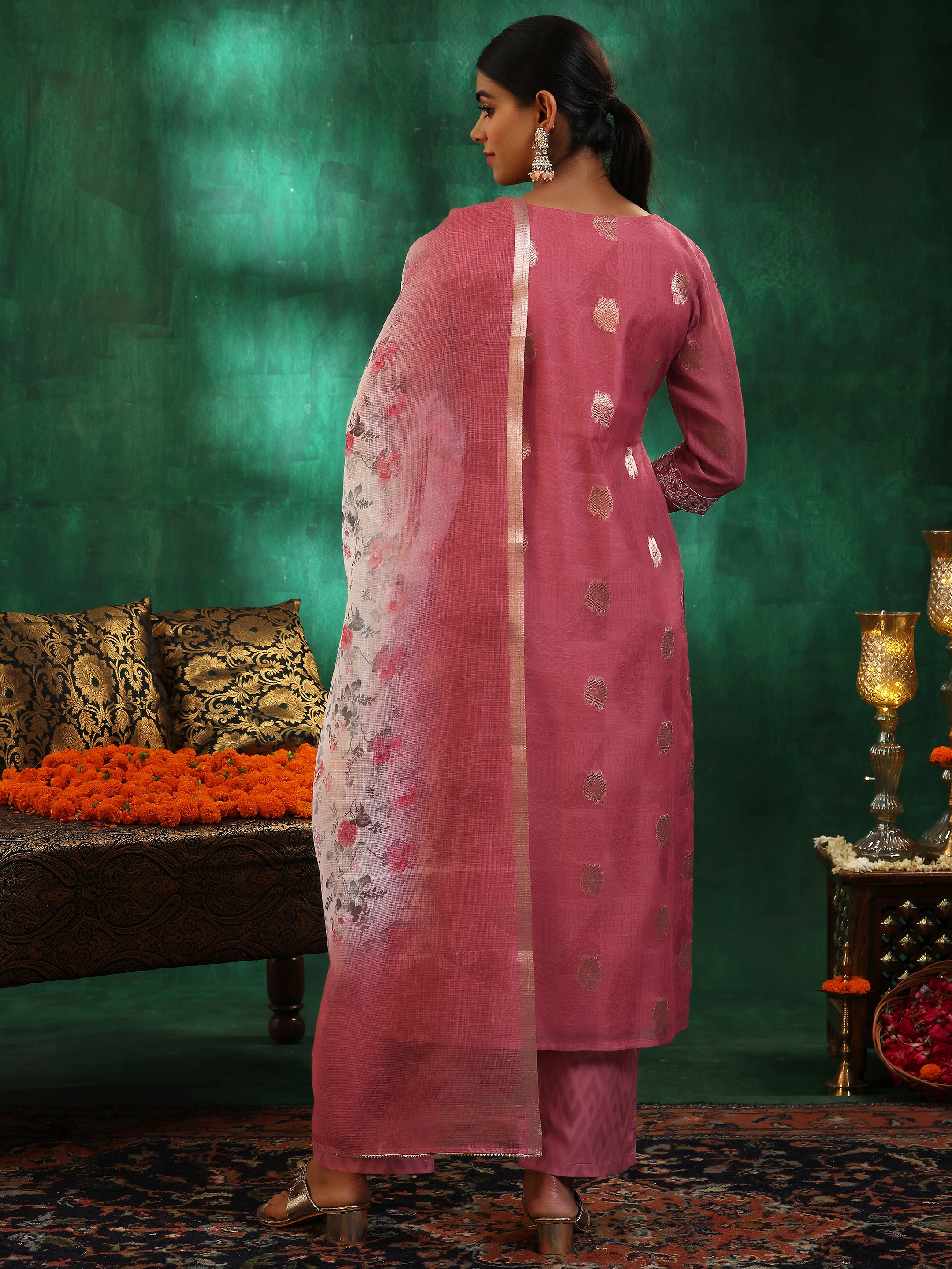 Pink Woven Design Silk Blend Straight Suit With Dupatta