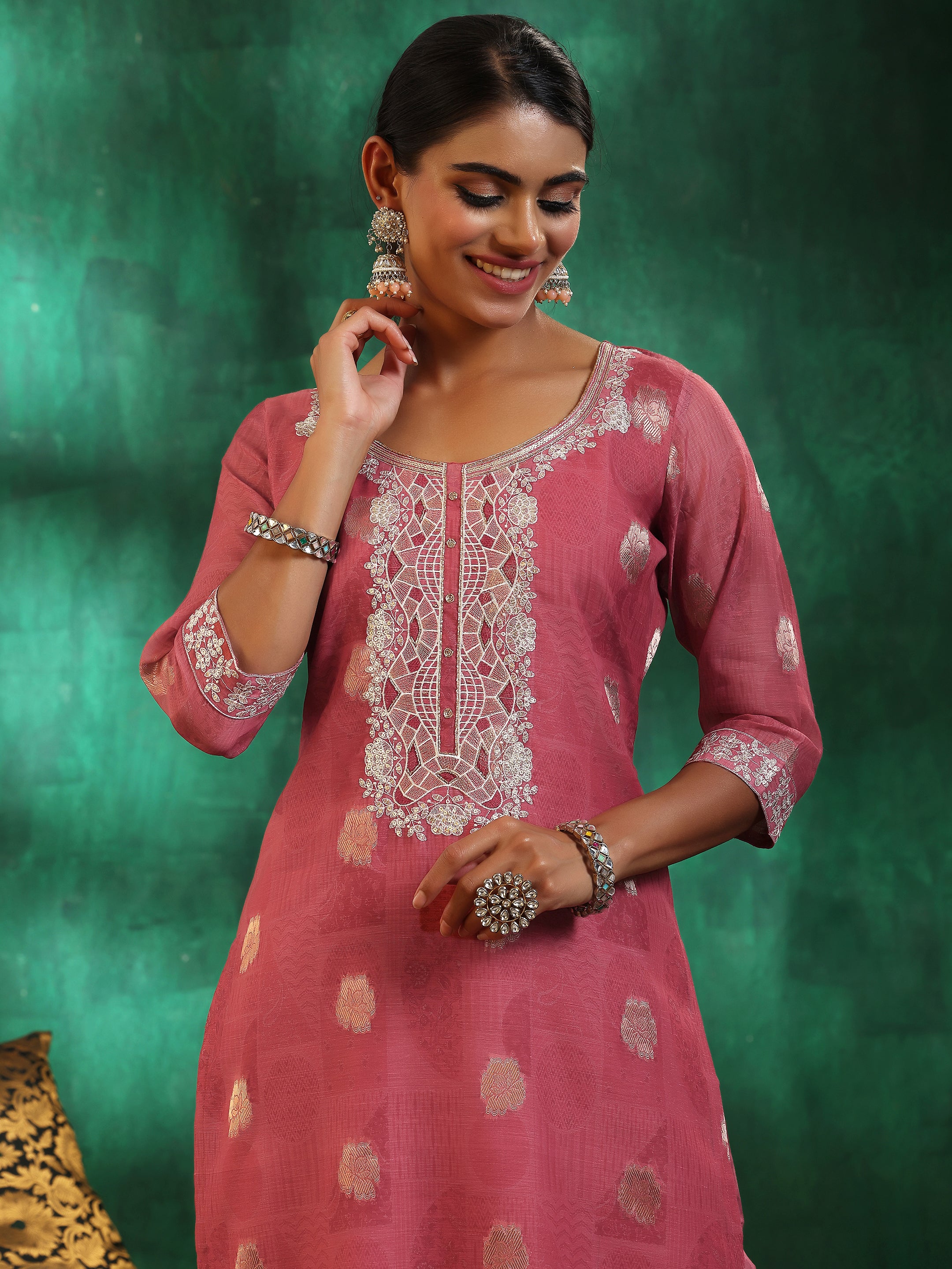 Pink Woven Design Silk Blend Straight Suit With Dupatta