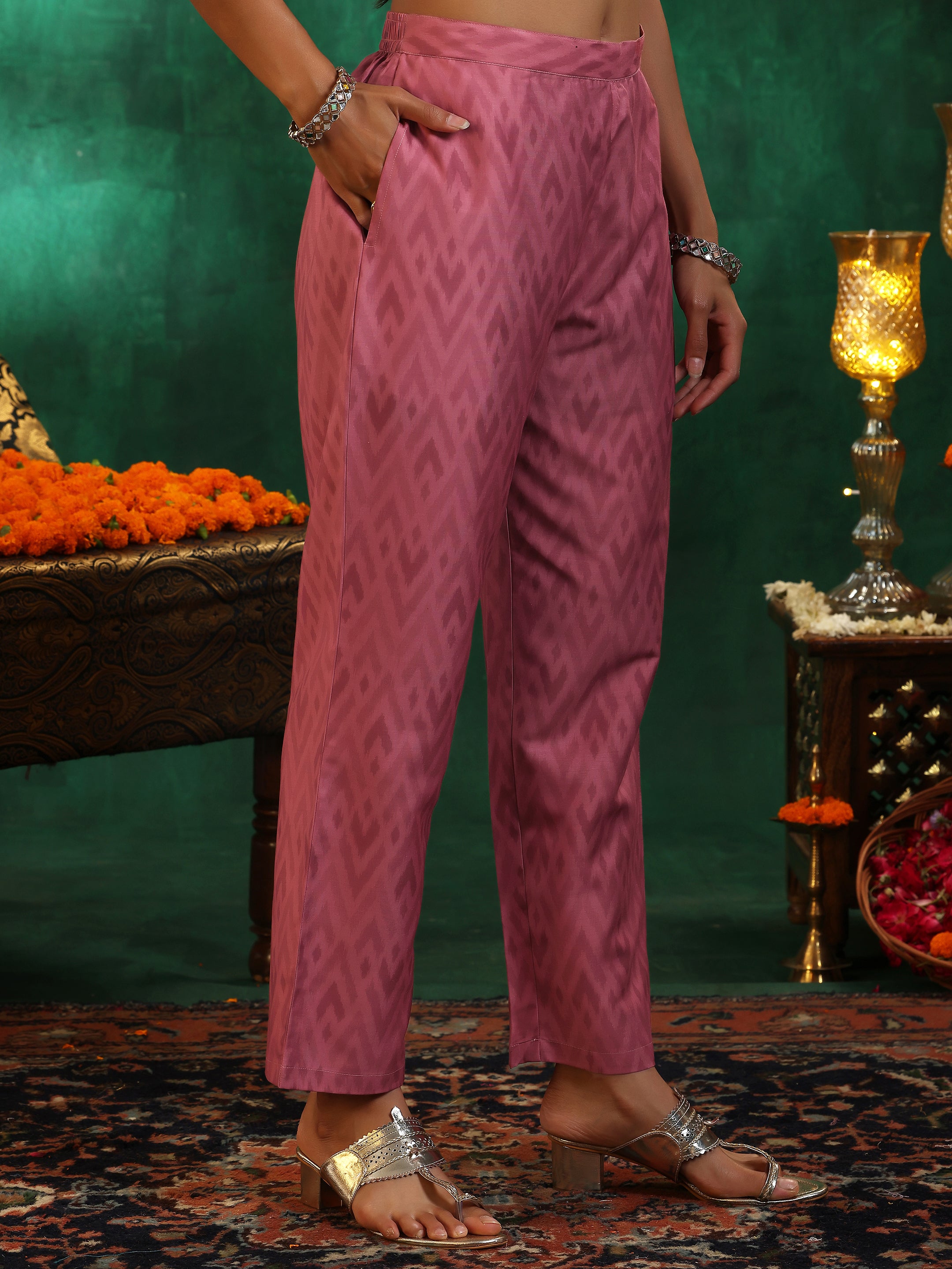 Pink Woven Design Silk Blend Straight Suit With Dupatta