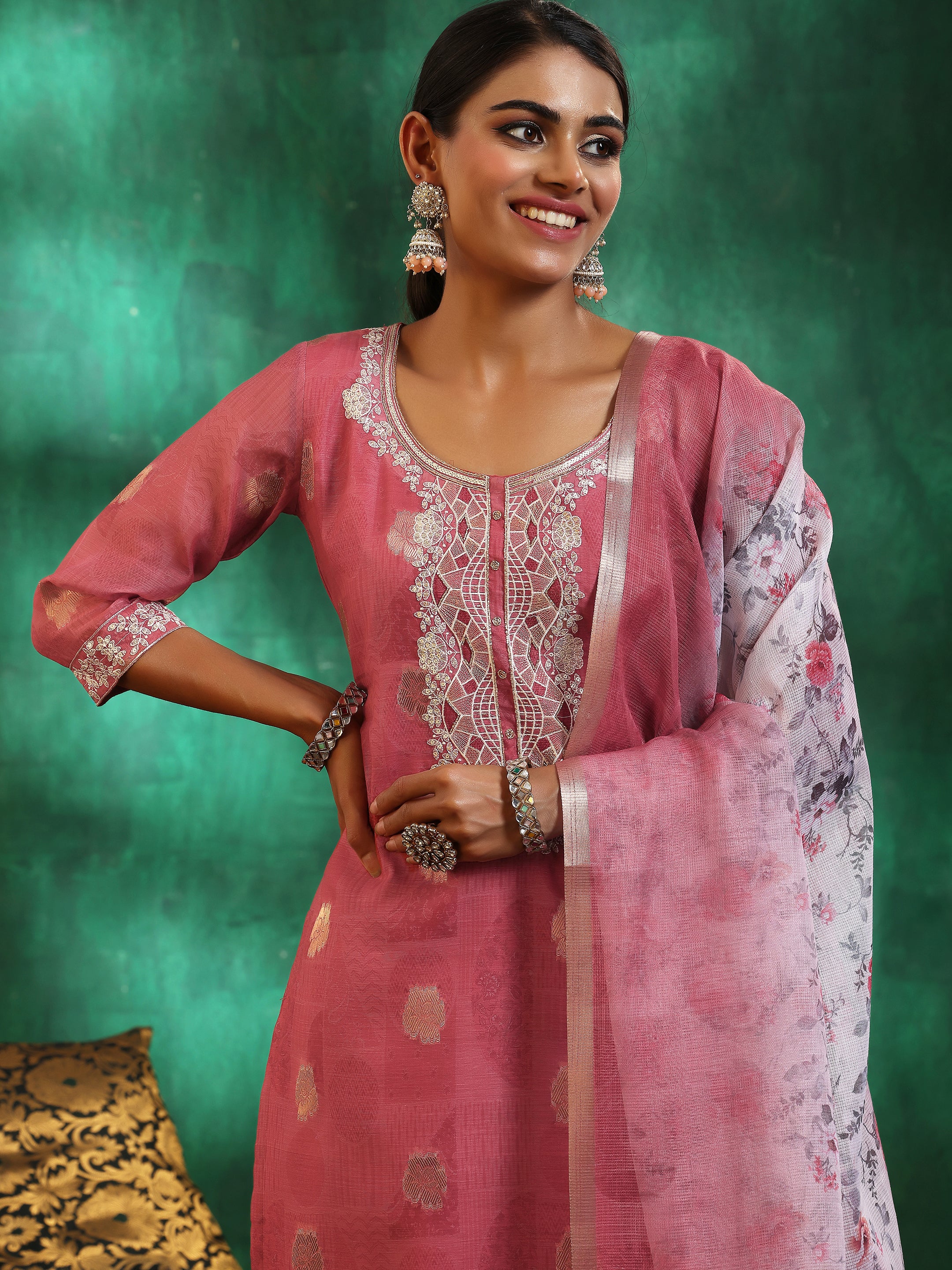 Pink Woven Design Silk Blend Straight Suit With Dupatta