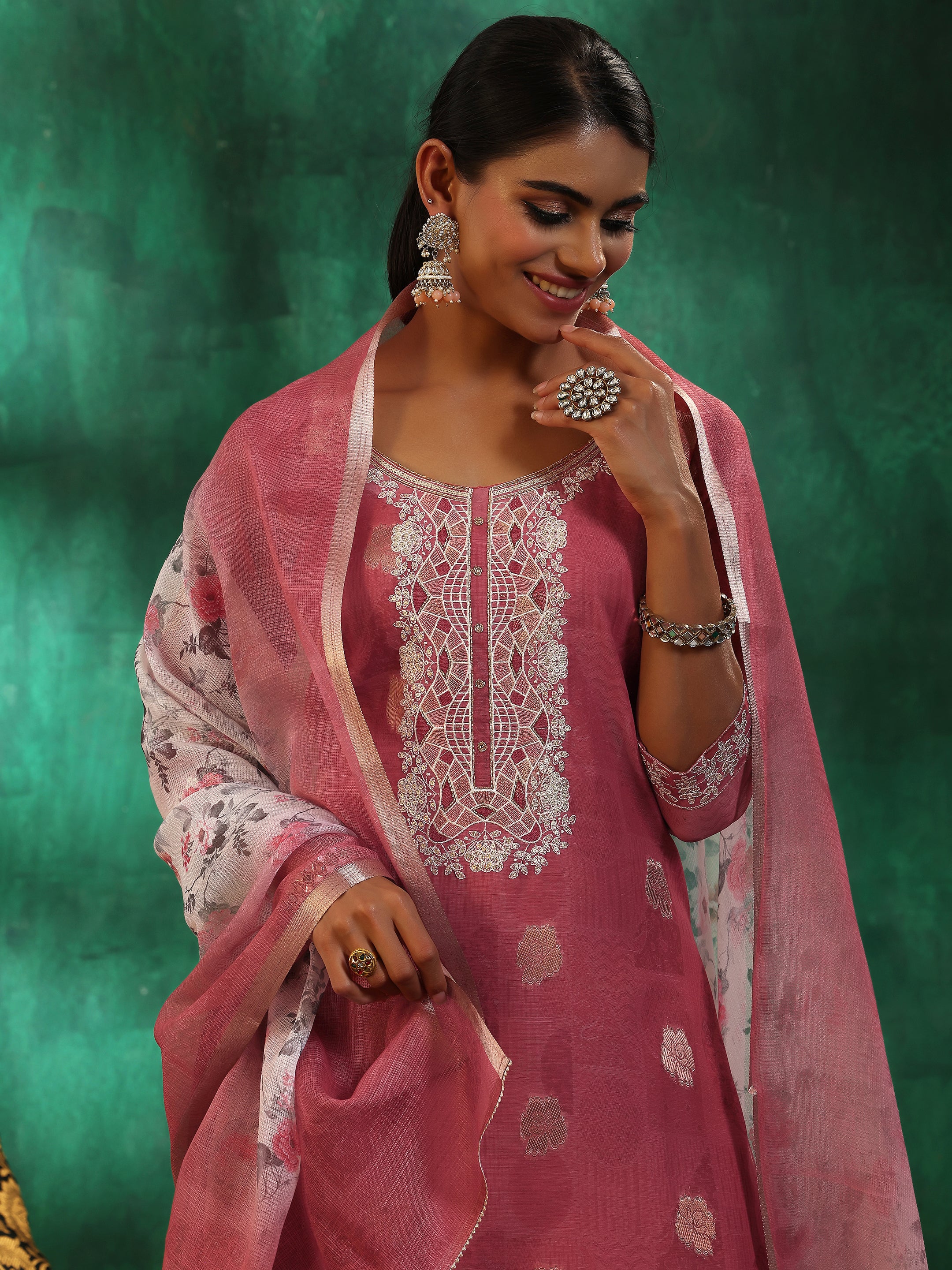 Pink Woven Design Silk Blend Straight Suit With Dupatta