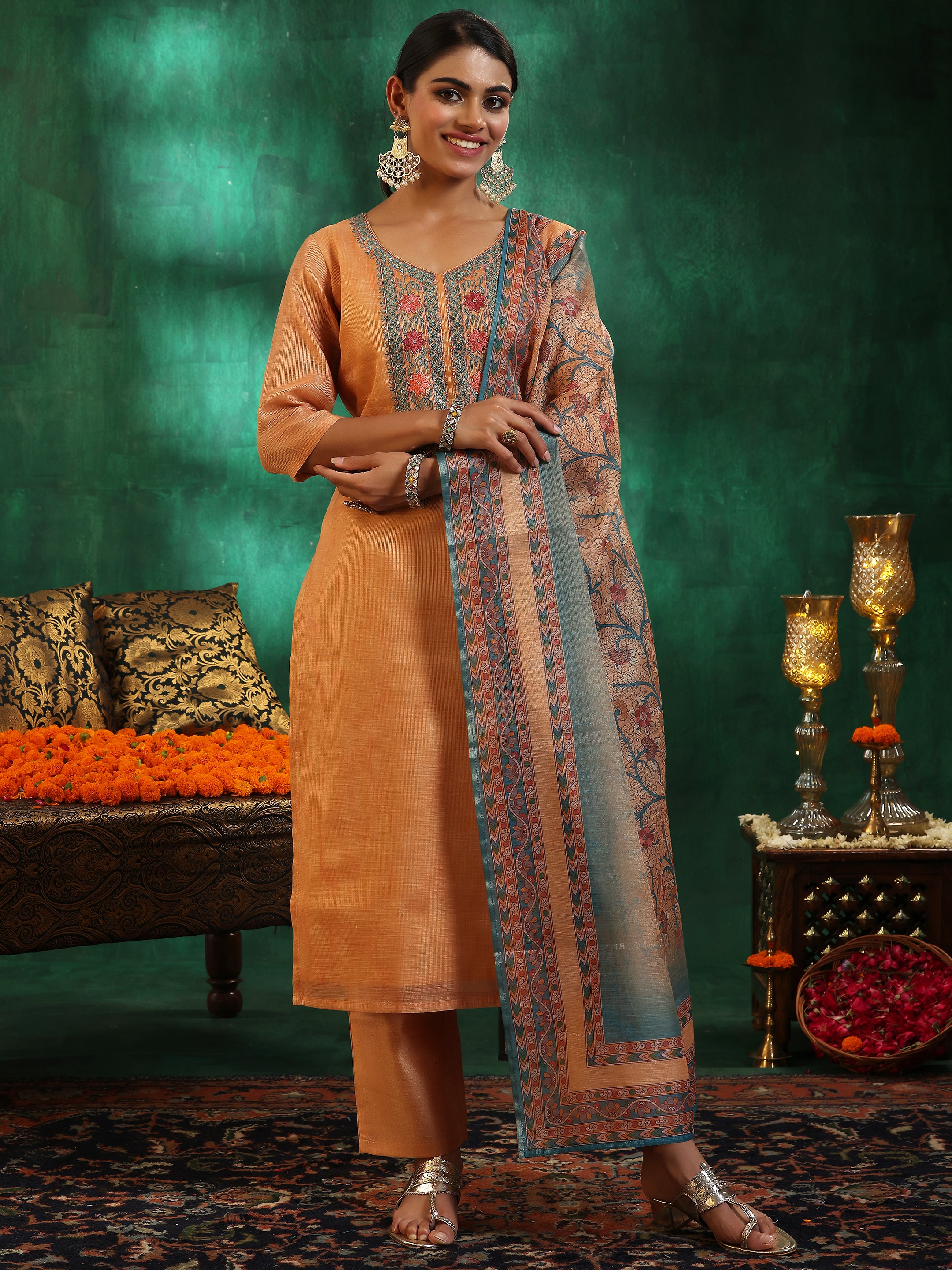 Orange Yoke Design Silk Blend Straight Suit With Dupatta