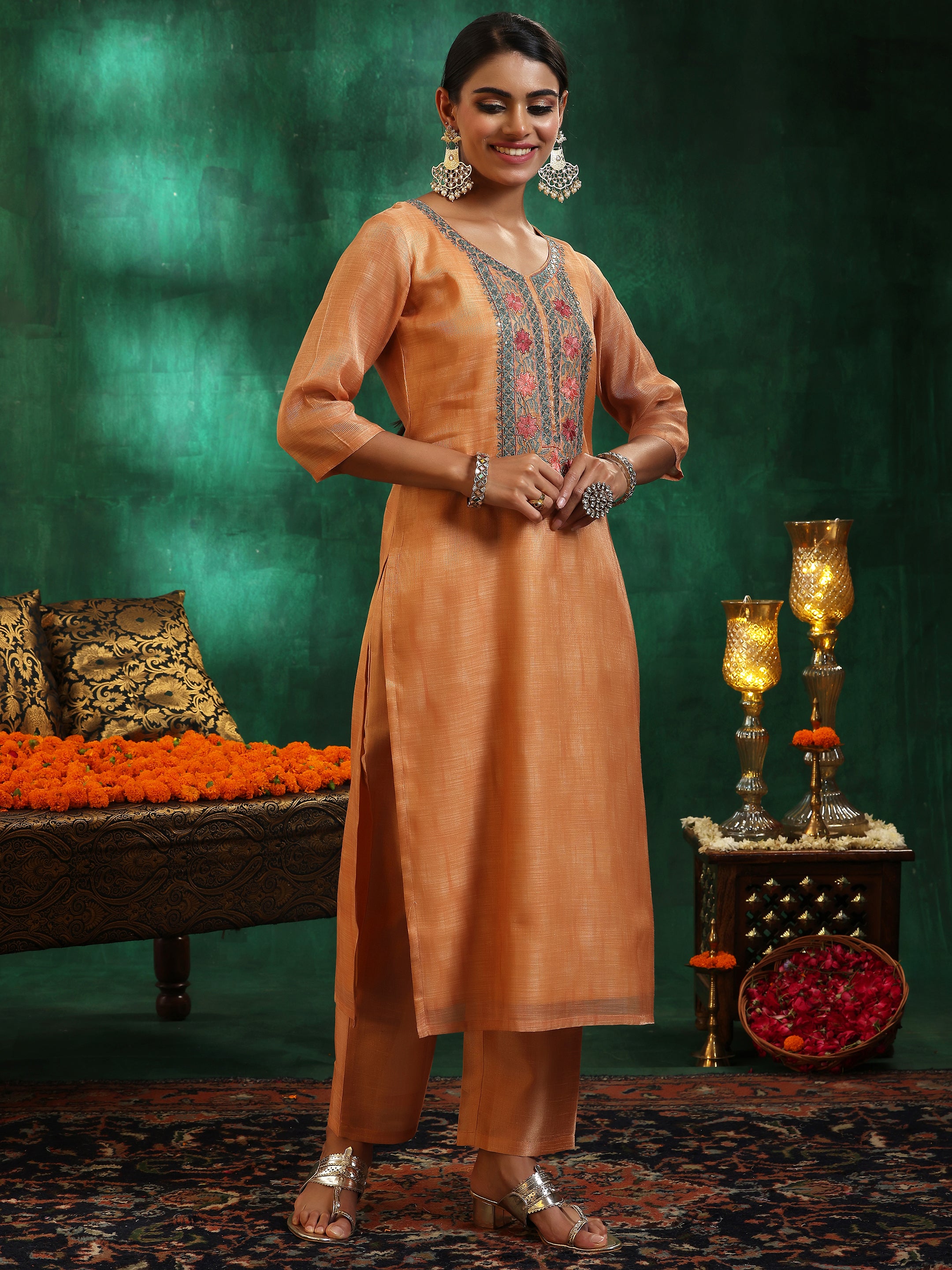 Orange Yoke Design Silk Blend Straight Suit With Dupatta