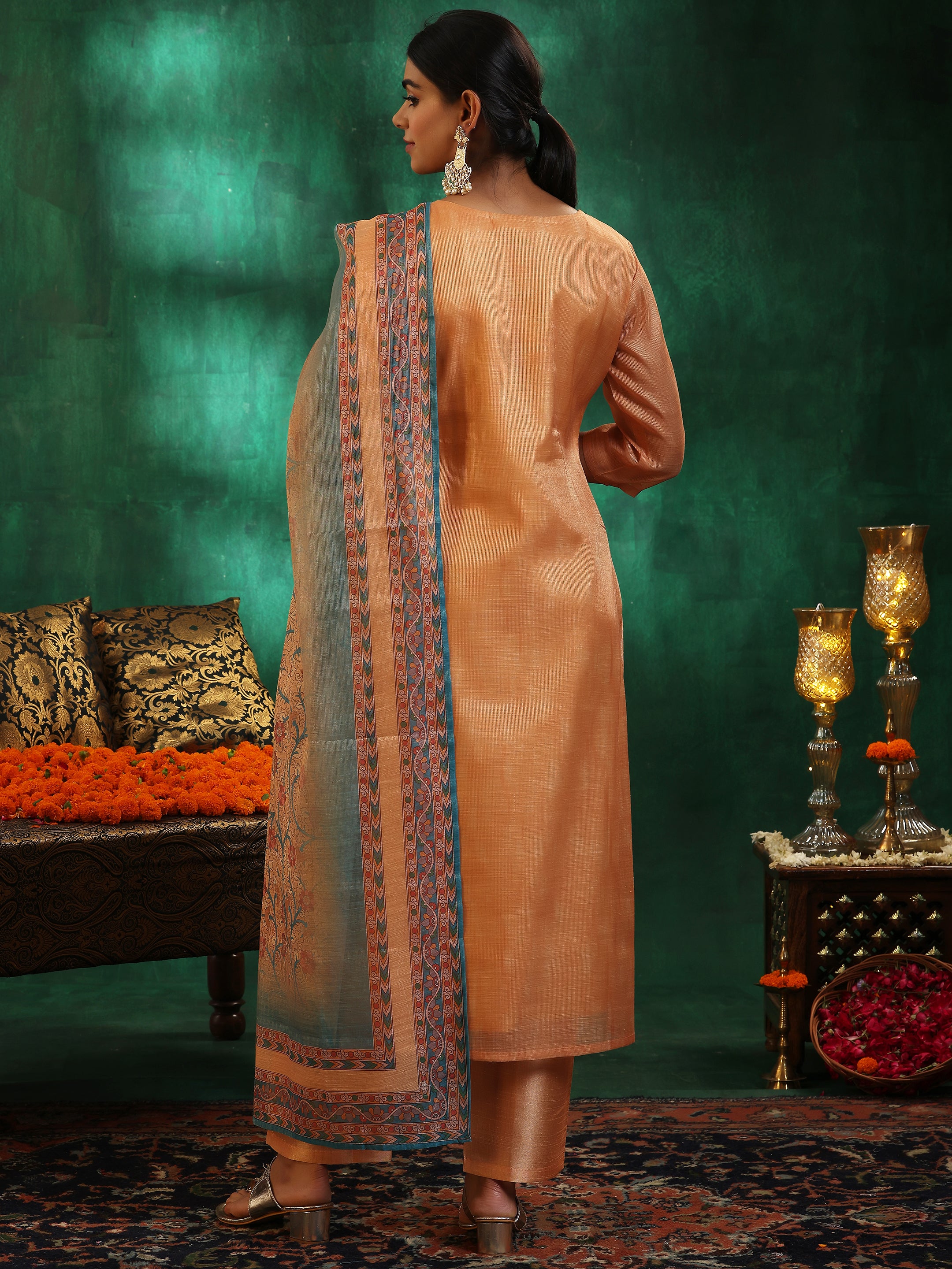 Orange Yoke Design Silk Blend Straight Suit With Dupatta