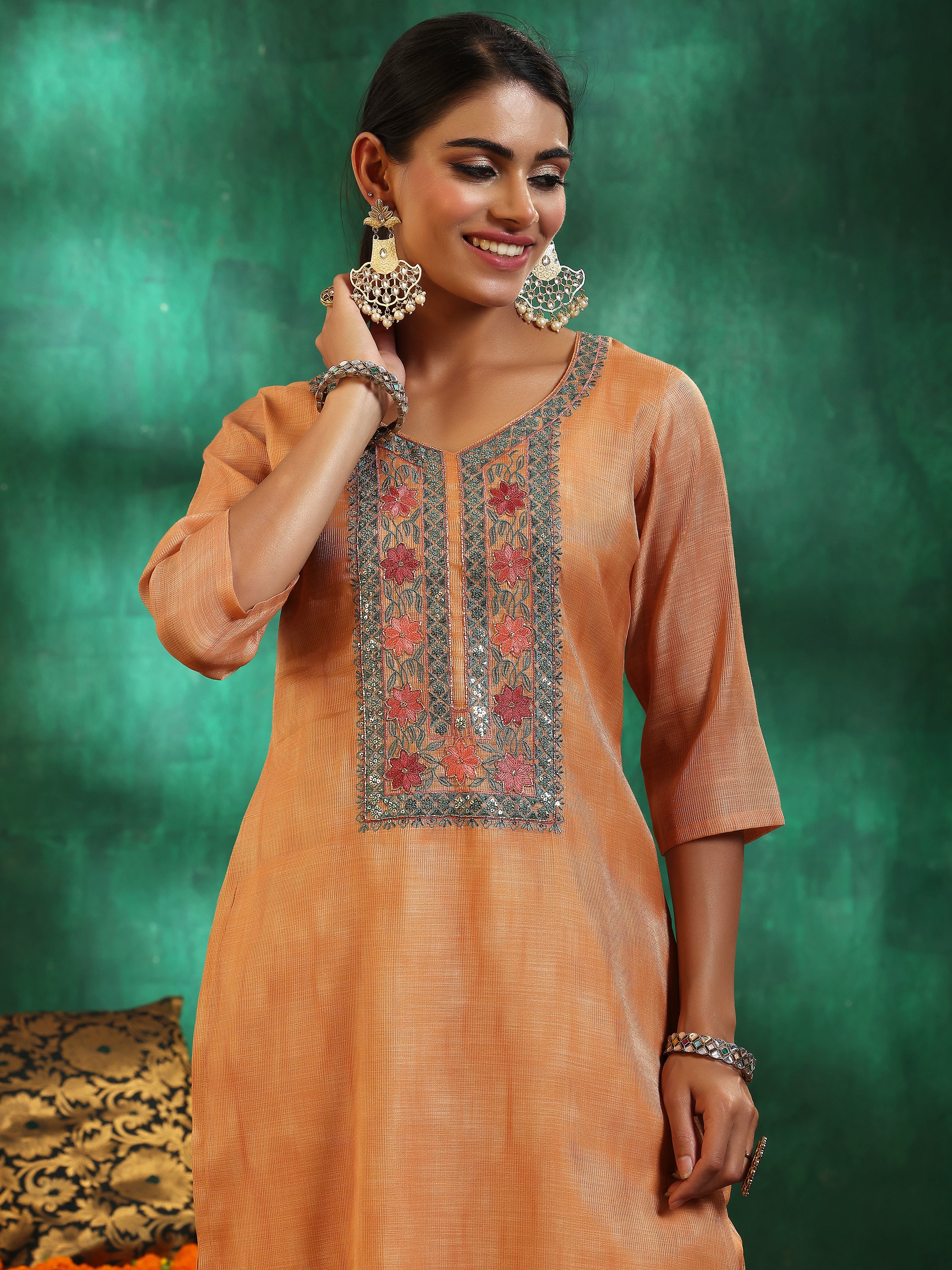 Orange Yoke Design Silk Blend Straight Suit With Dupatta