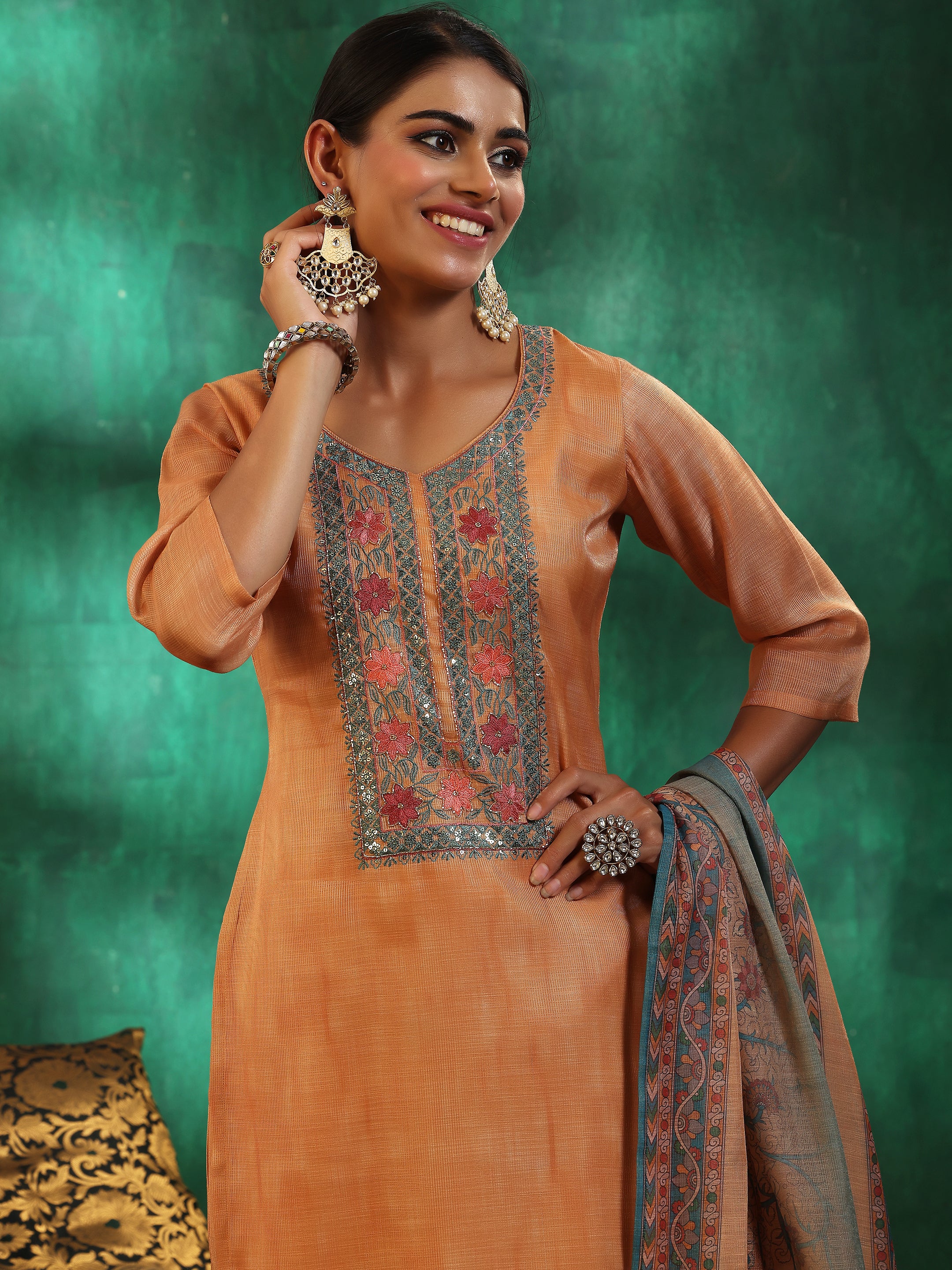 Orange Yoke Design Silk Blend Straight Suit With Dupatta