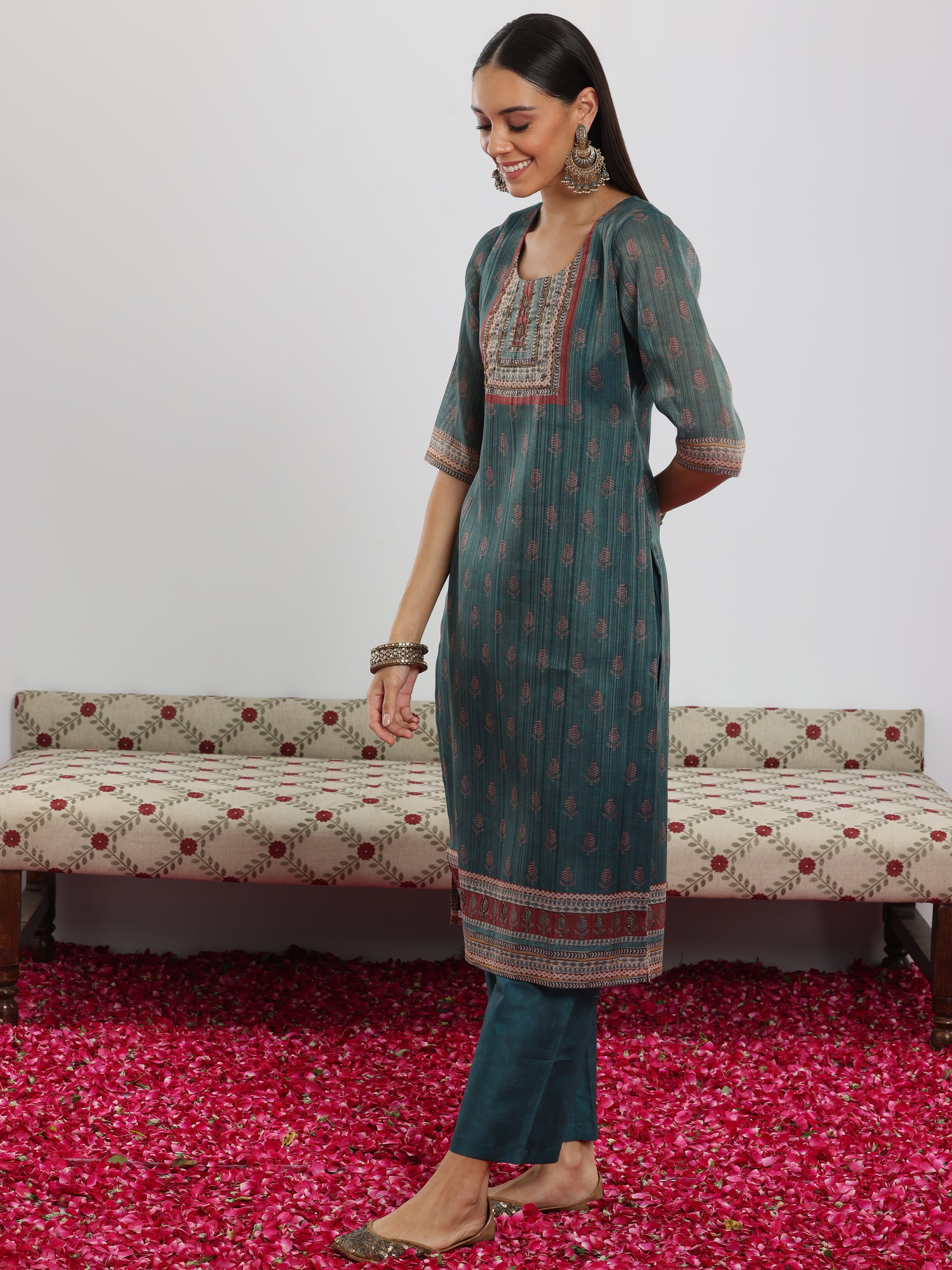 Teal Green Printed Silk Blend Straight Suit With Dupatta