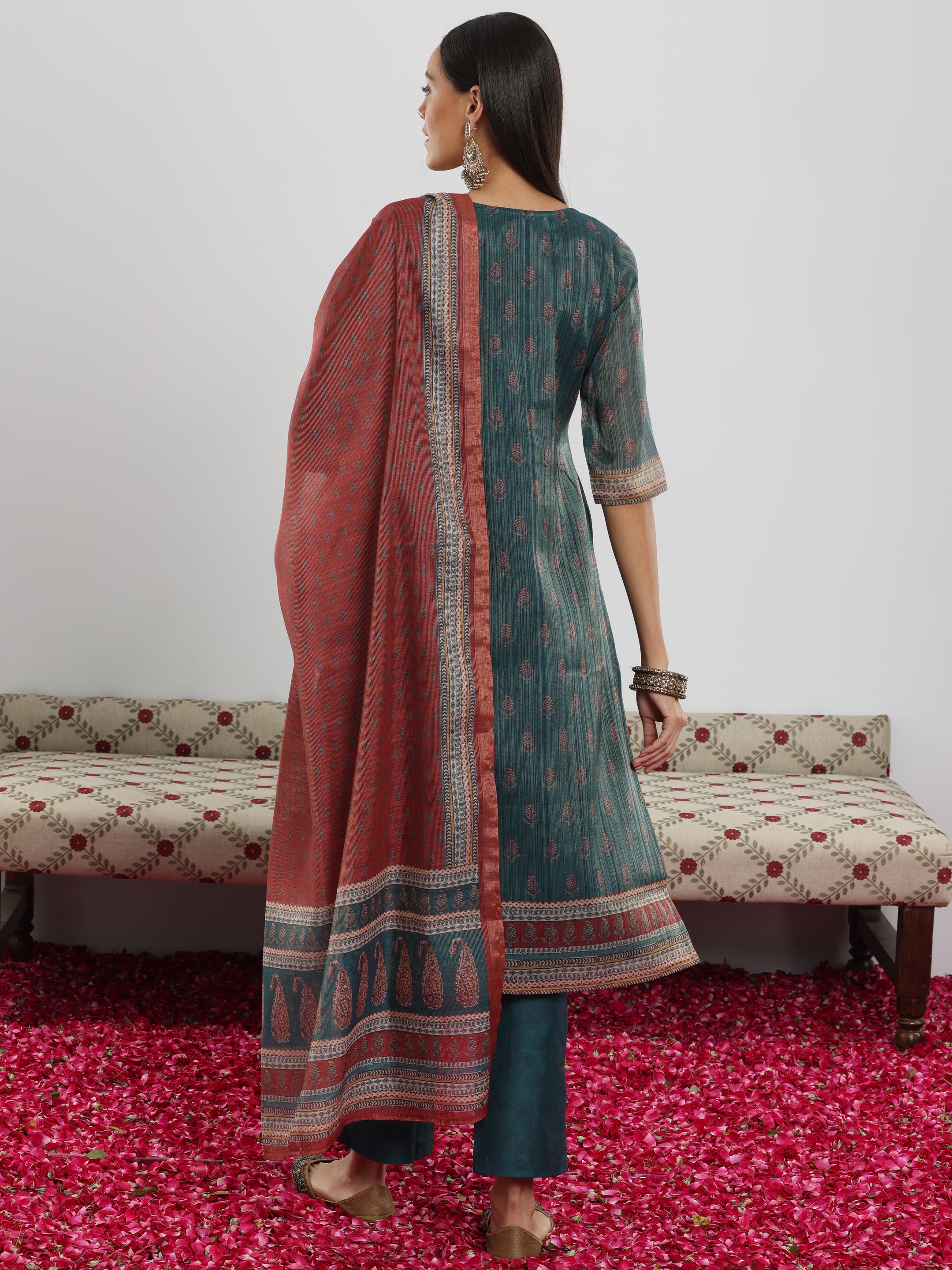 Teal Green Printed Silk Blend Straight Suit With Dupatta