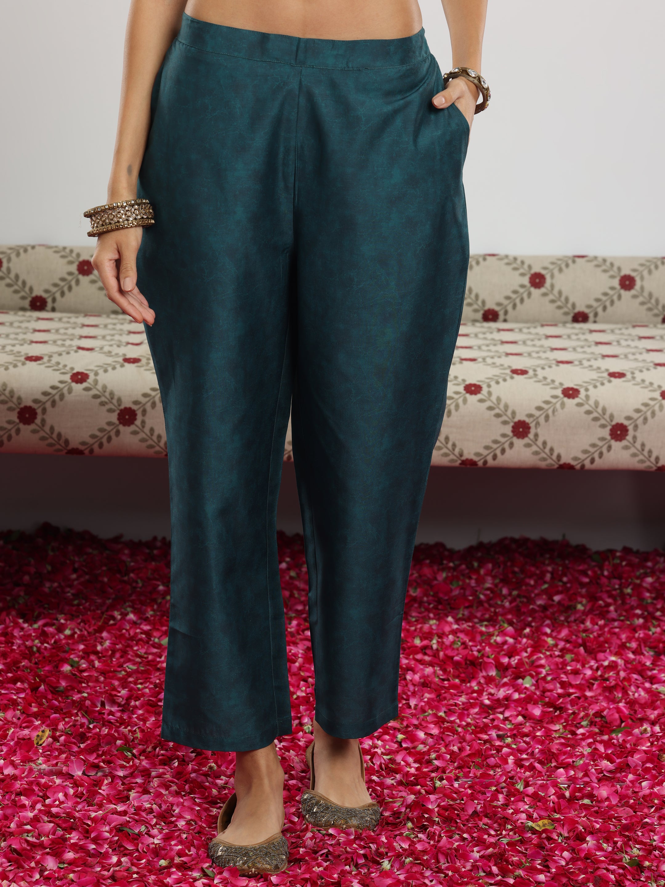 Teal Green Printed Silk Blend Straight Suit With Dupatta