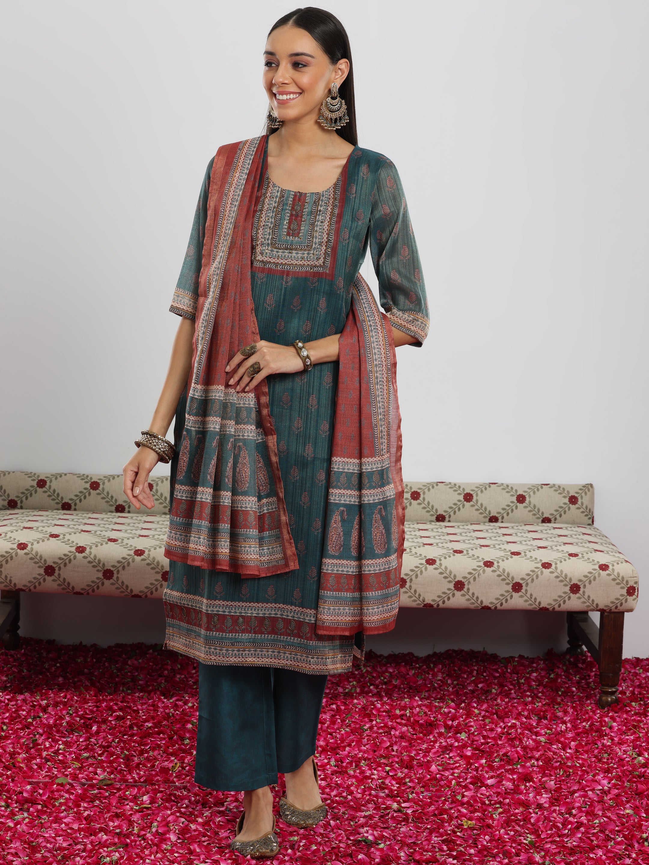 Teal Green Printed Silk Blend Straight Suit With Dupatta