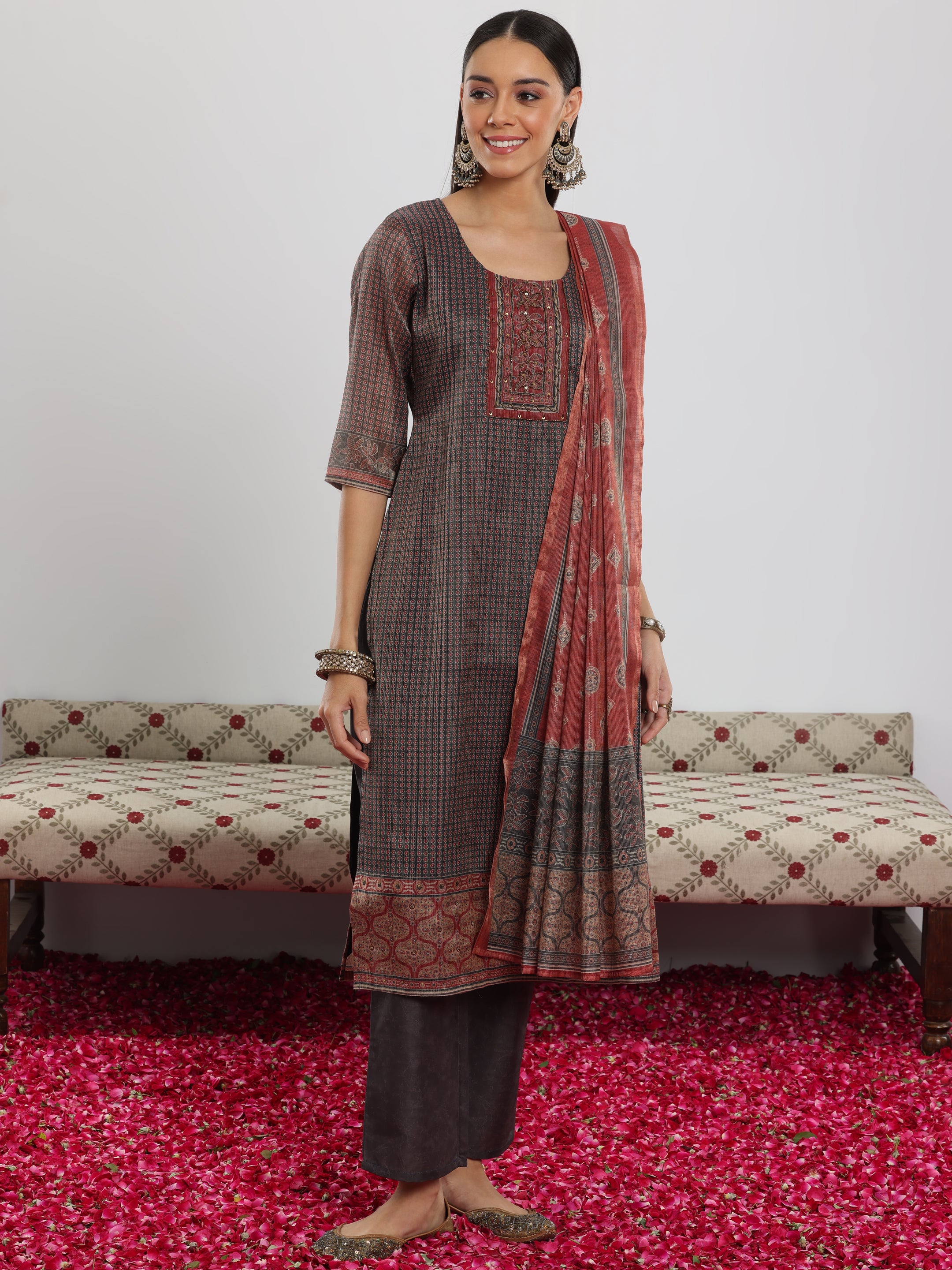 Grey Printed Silk Blend Straight Suit With Dupatta