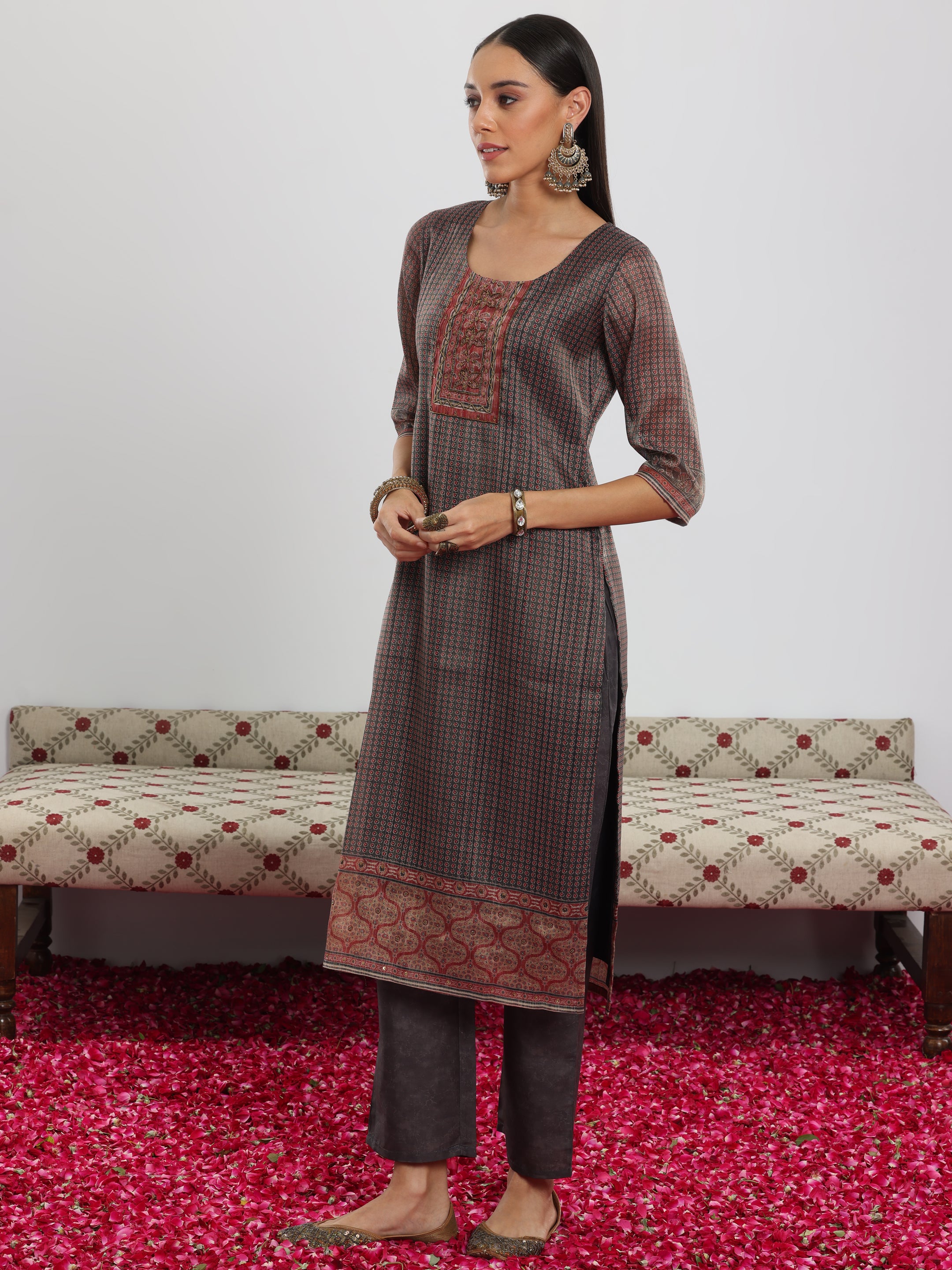 Grey Printed Silk Blend Straight Suit With Dupatta