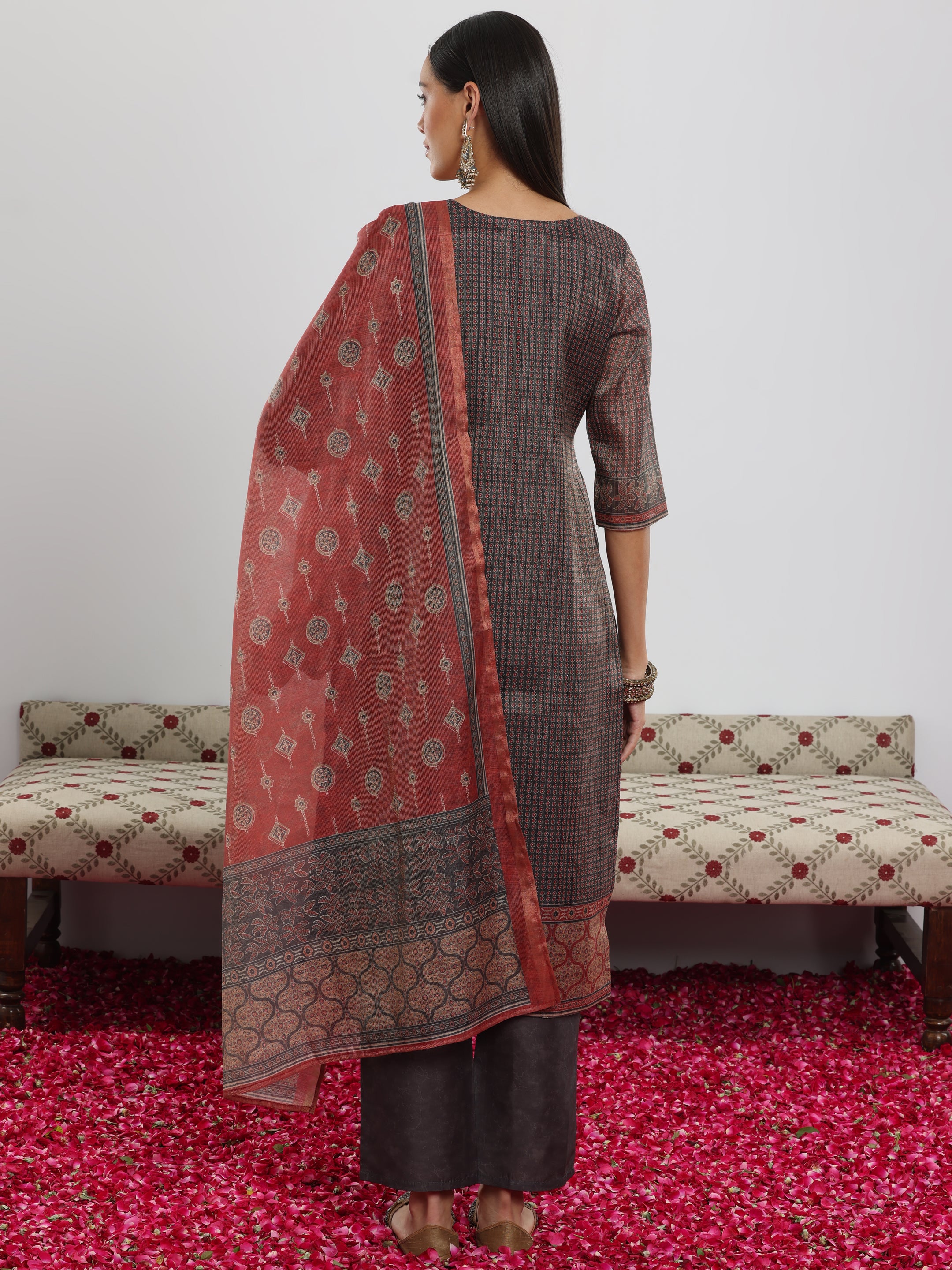 Grey Printed Silk Blend Straight Suit With Dupatta