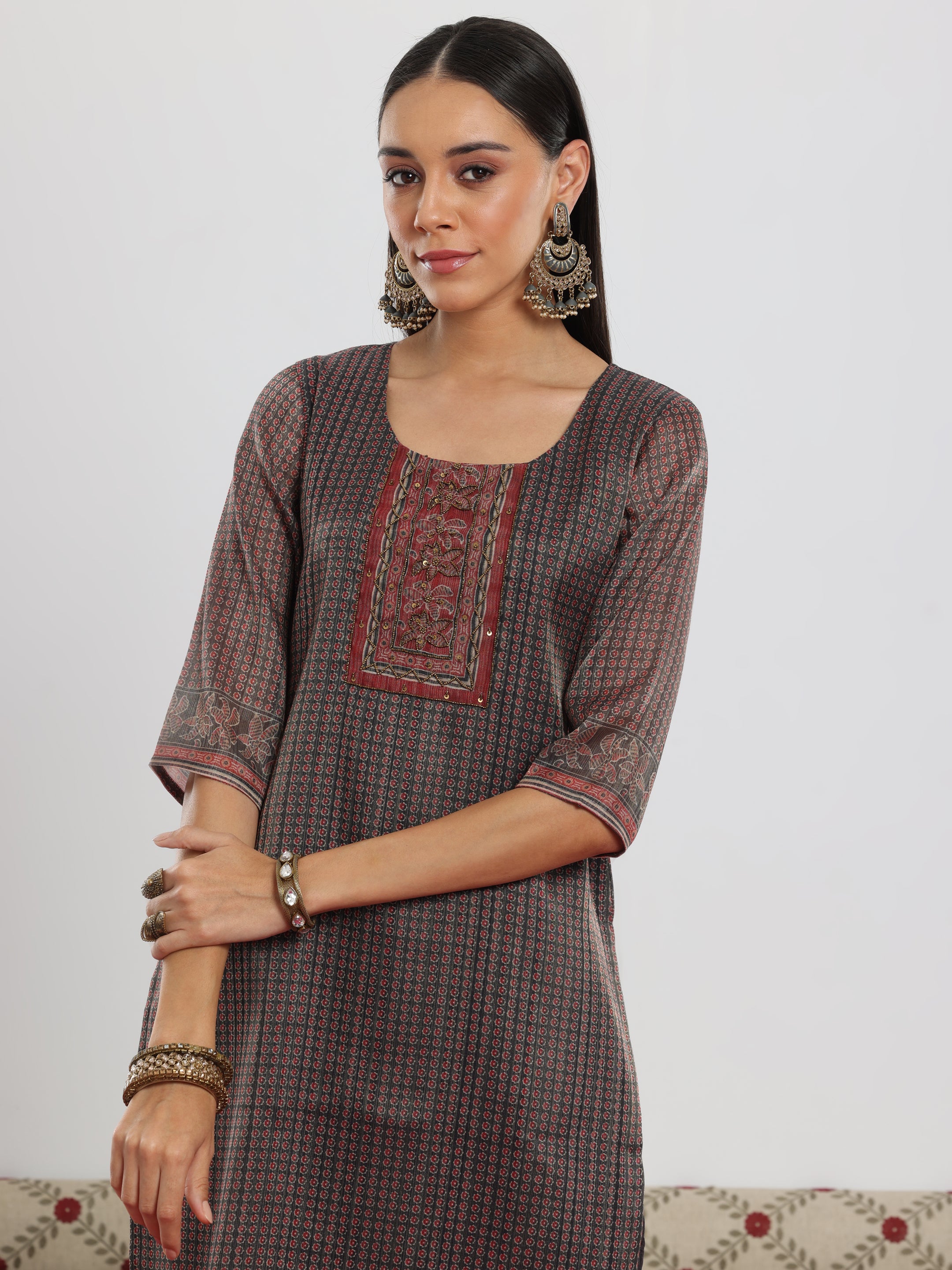 Grey Printed Silk Blend Straight Suit With Dupatta