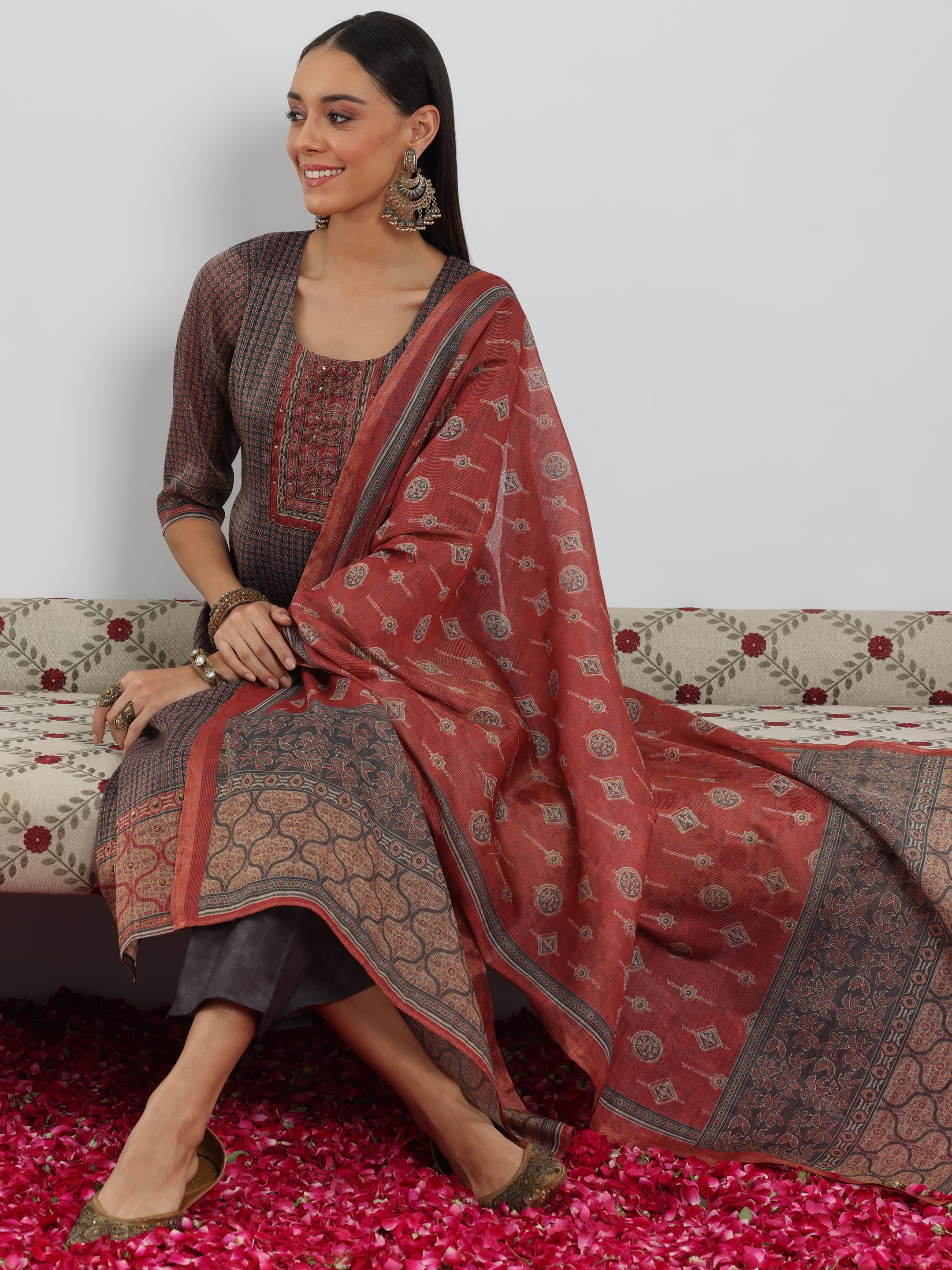 Grey Printed Silk Blend Straight Suit With Dupatta