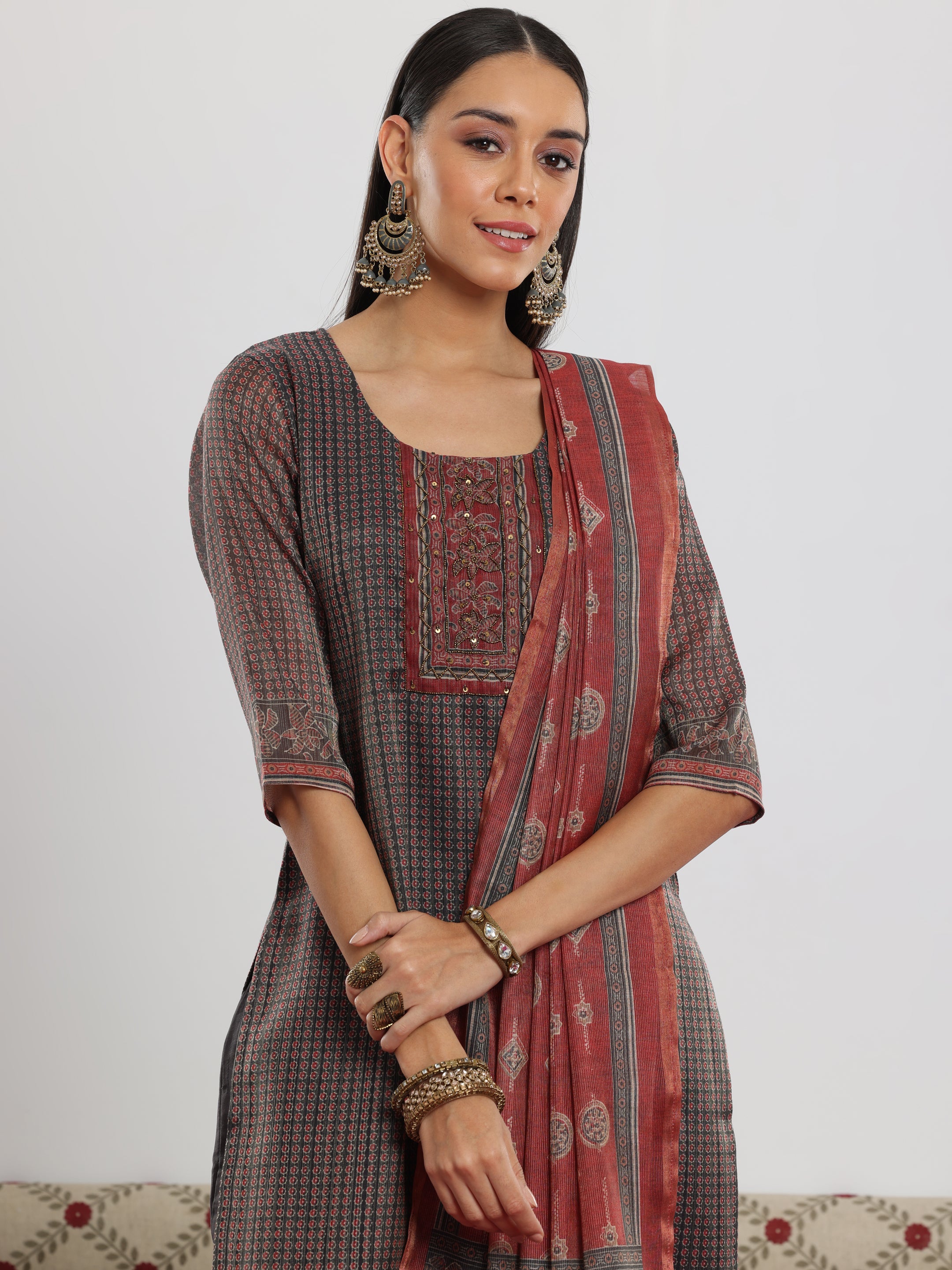 Grey Printed Silk Blend Straight Suit With Dupatta