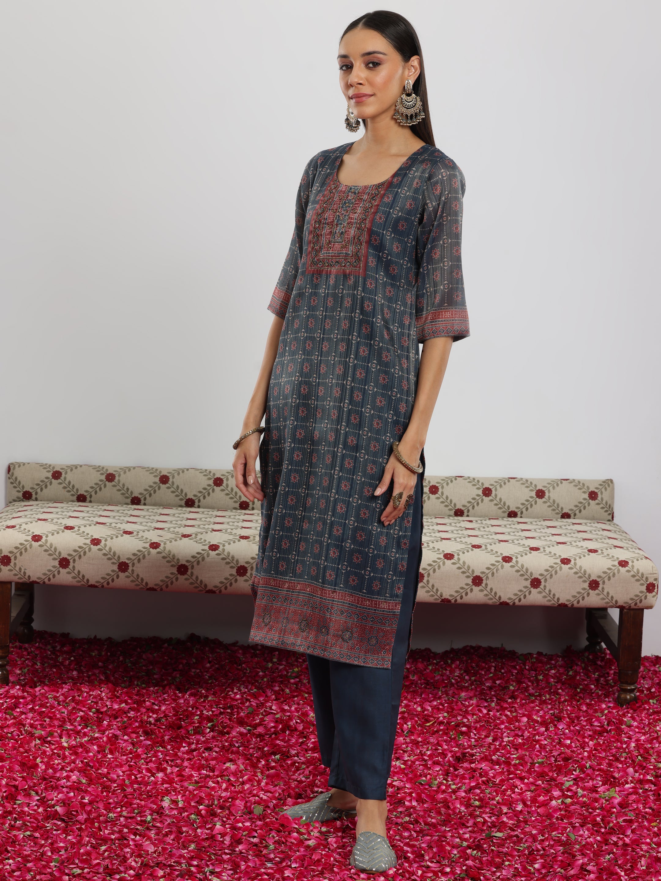 Teal Blue Printed Silk Blend Straight Suit With Dupatta