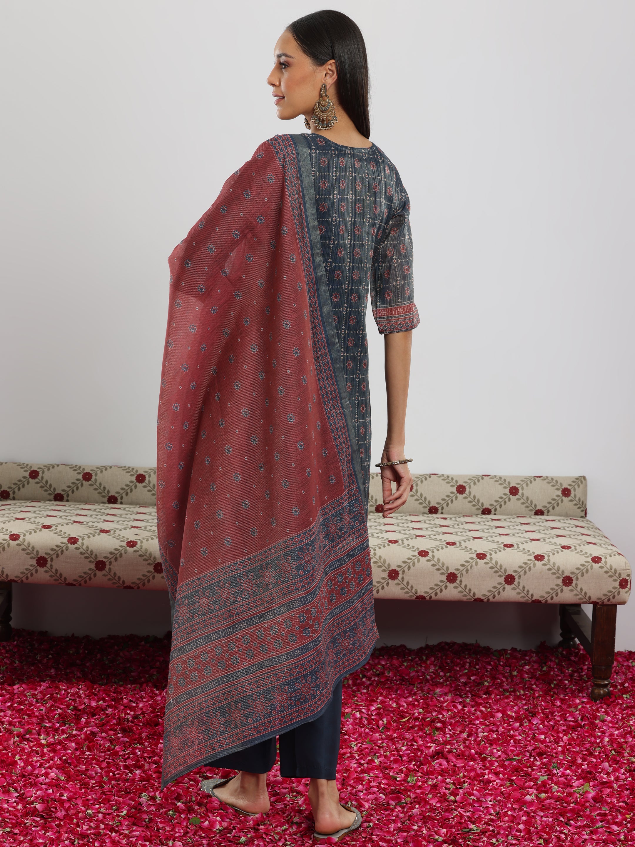 Teal Blue Printed Silk Blend Straight Suit With Dupatta