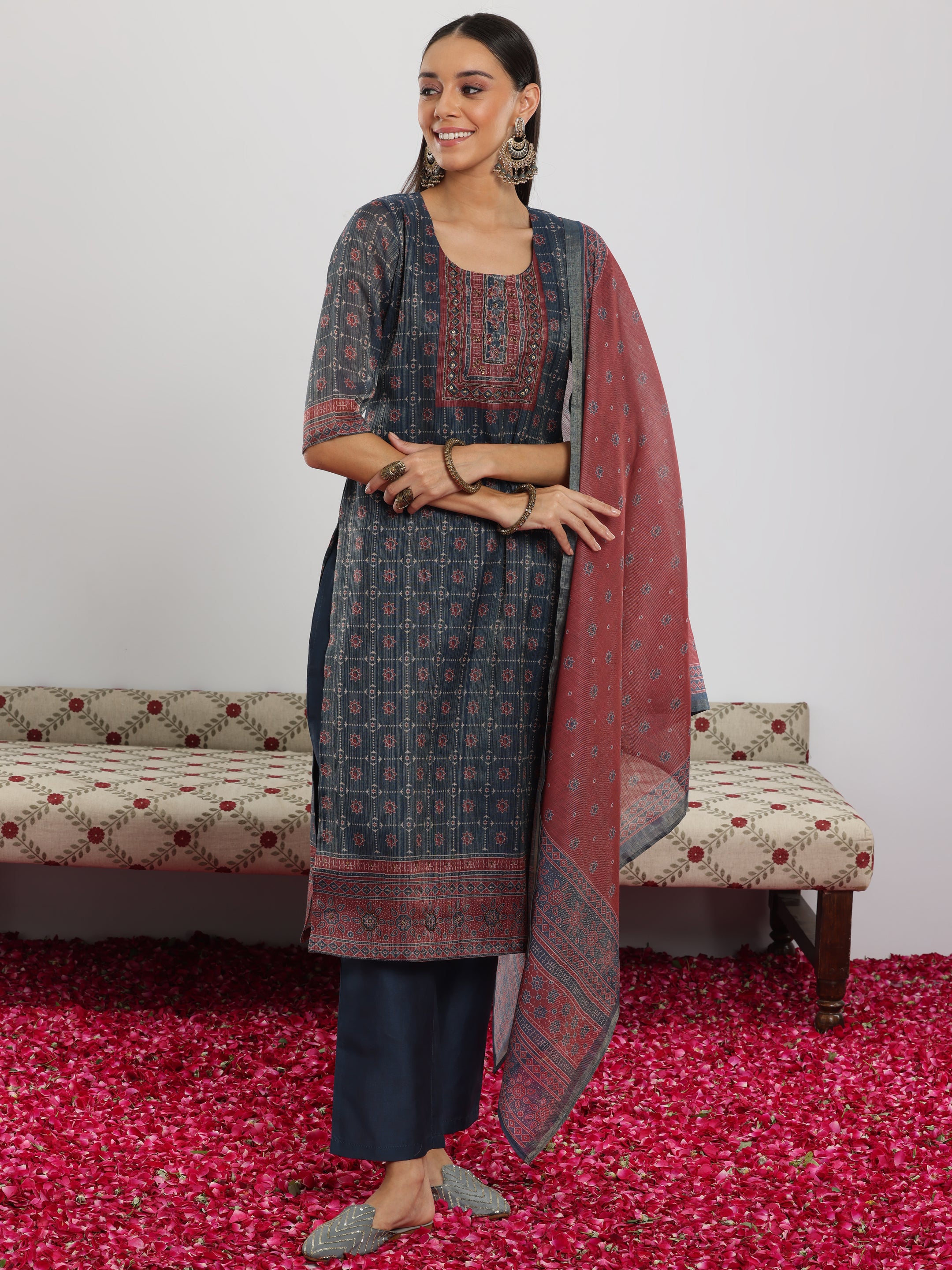 Teal Blue Printed Silk Blend Straight Suit With Dupatta