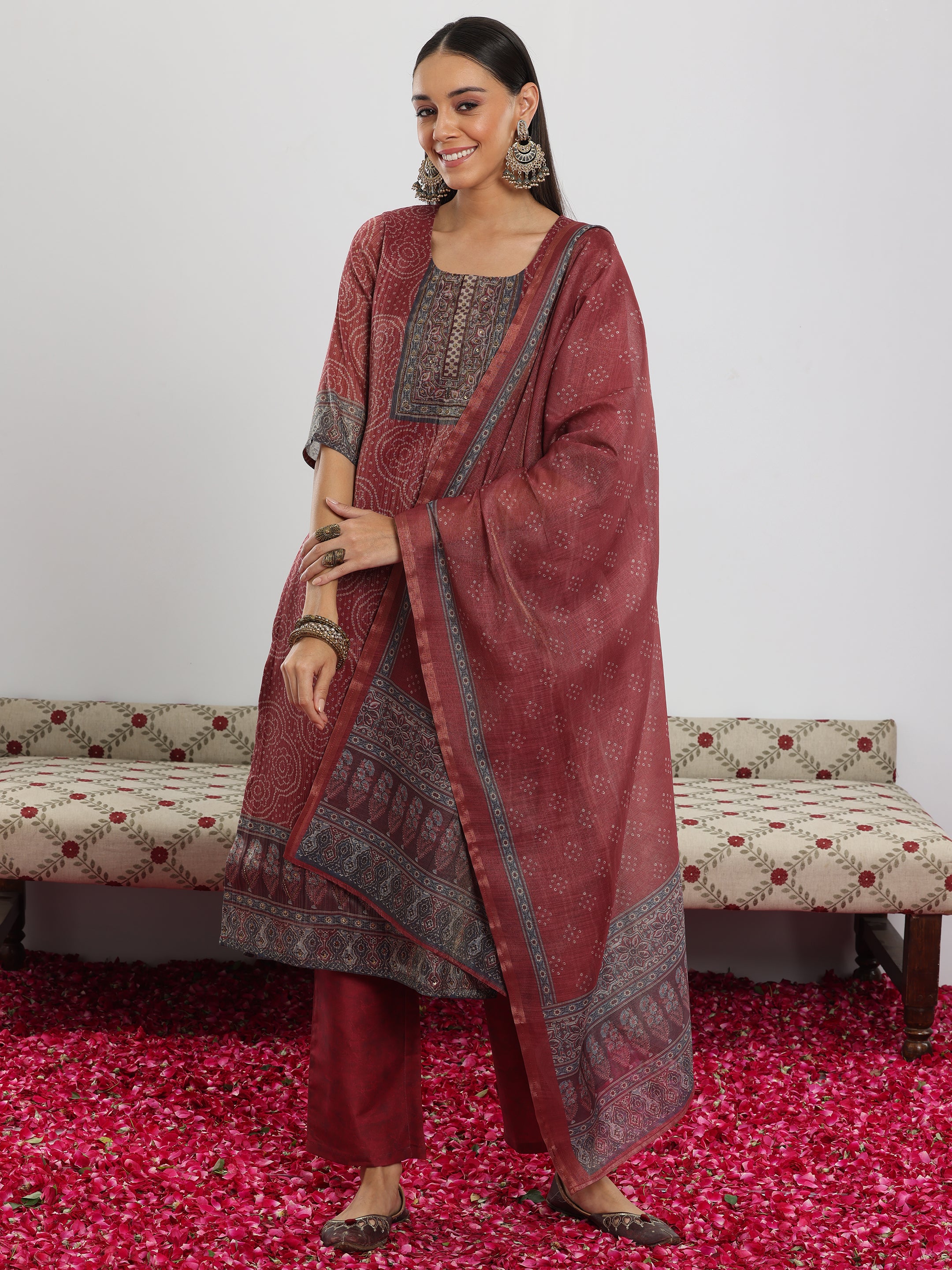 Maroon Printed Silk Blend Straight Suit With Dupatta