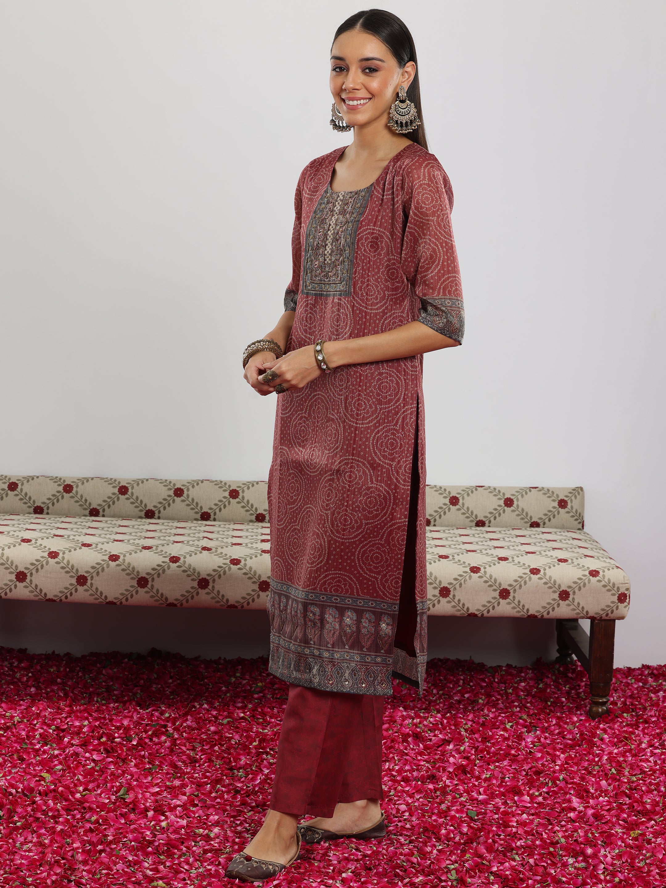 Maroon Printed Silk Blend Straight Suit With Dupatta