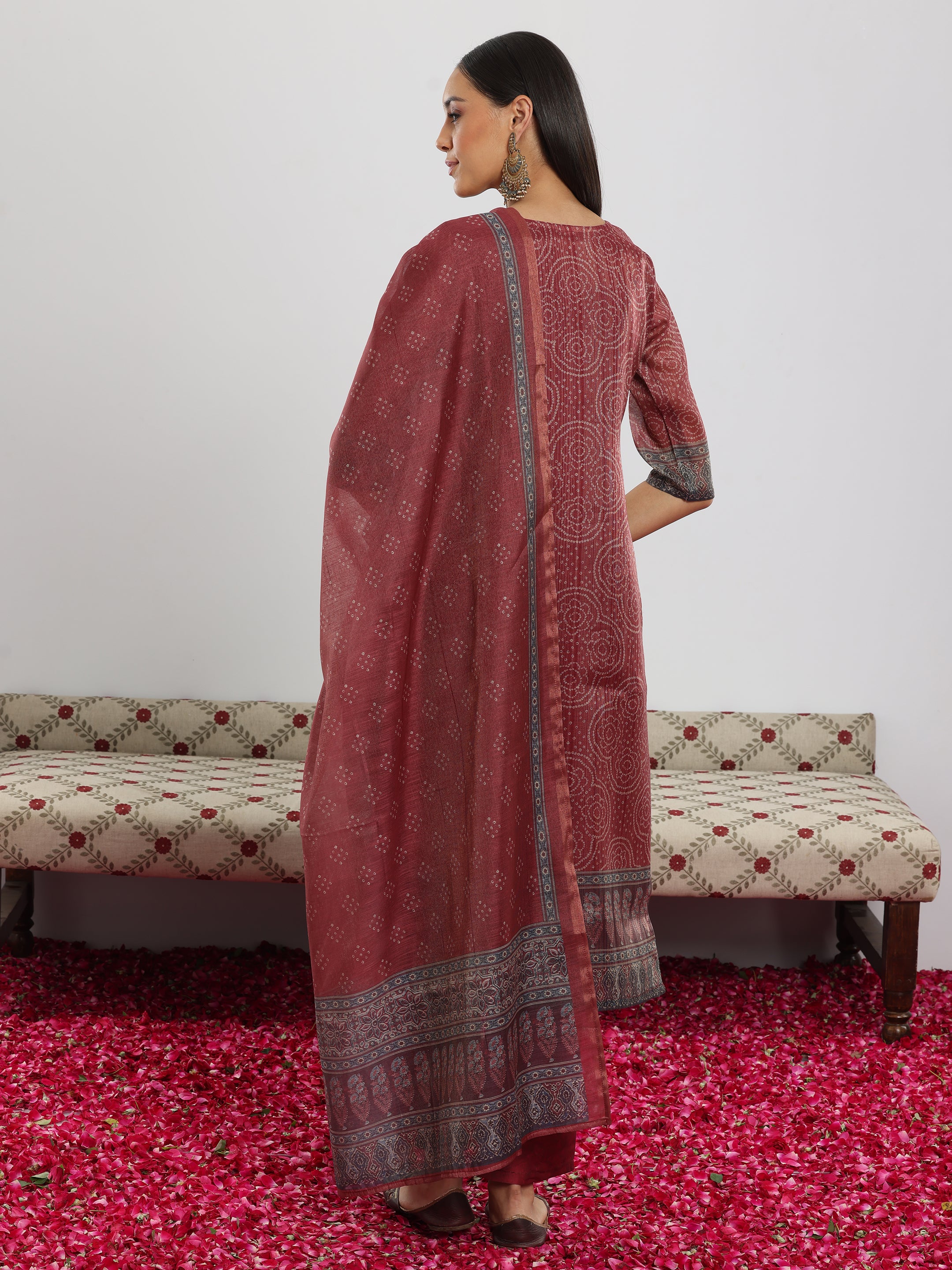 Maroon Printed Silk Blend Straight Suit With Dupatta