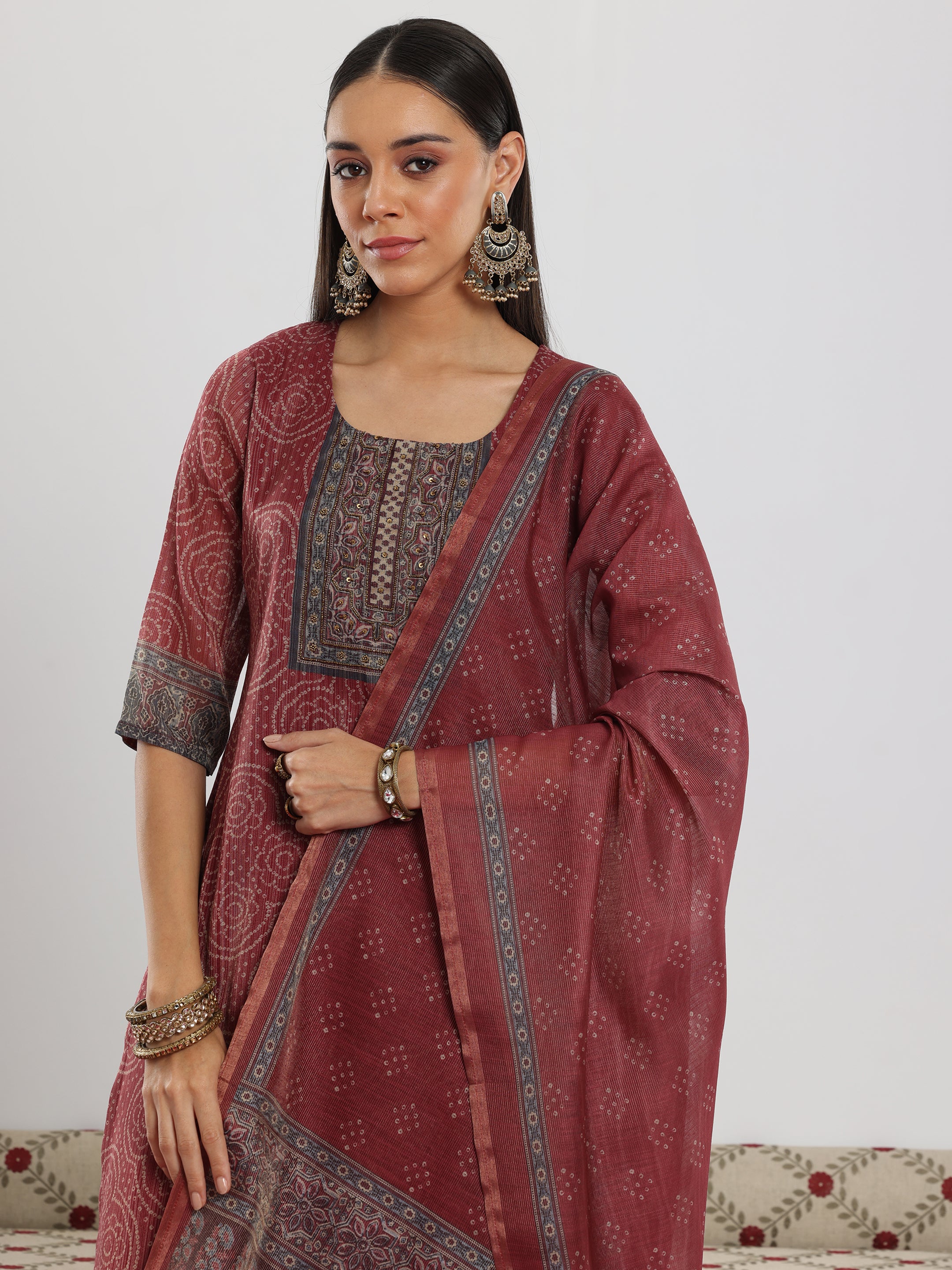 Maroon Printed Silk Blend Straight Suit With Dupatta