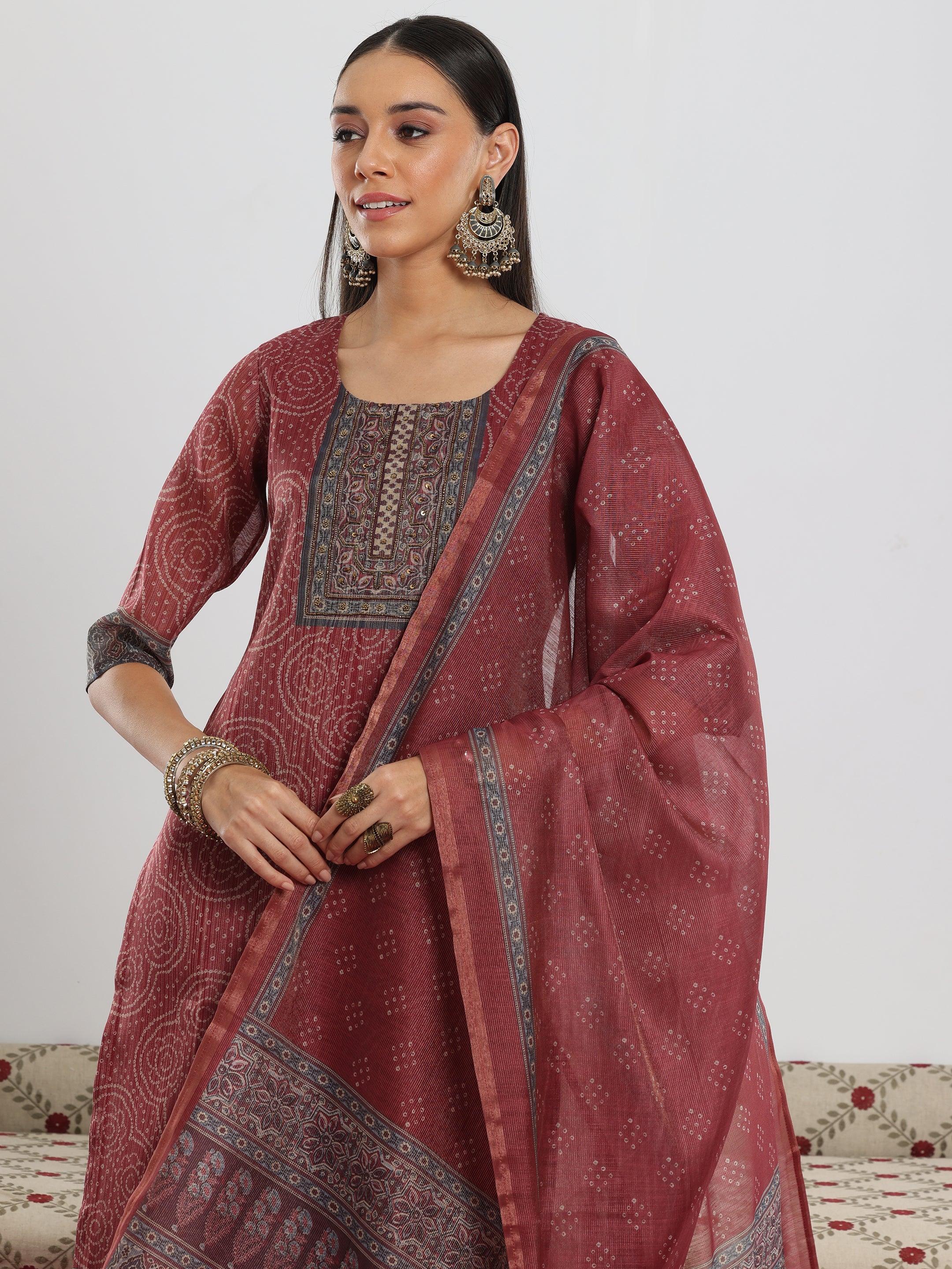 Maroon Printed Silk Blend Straight Suit With Dupatta