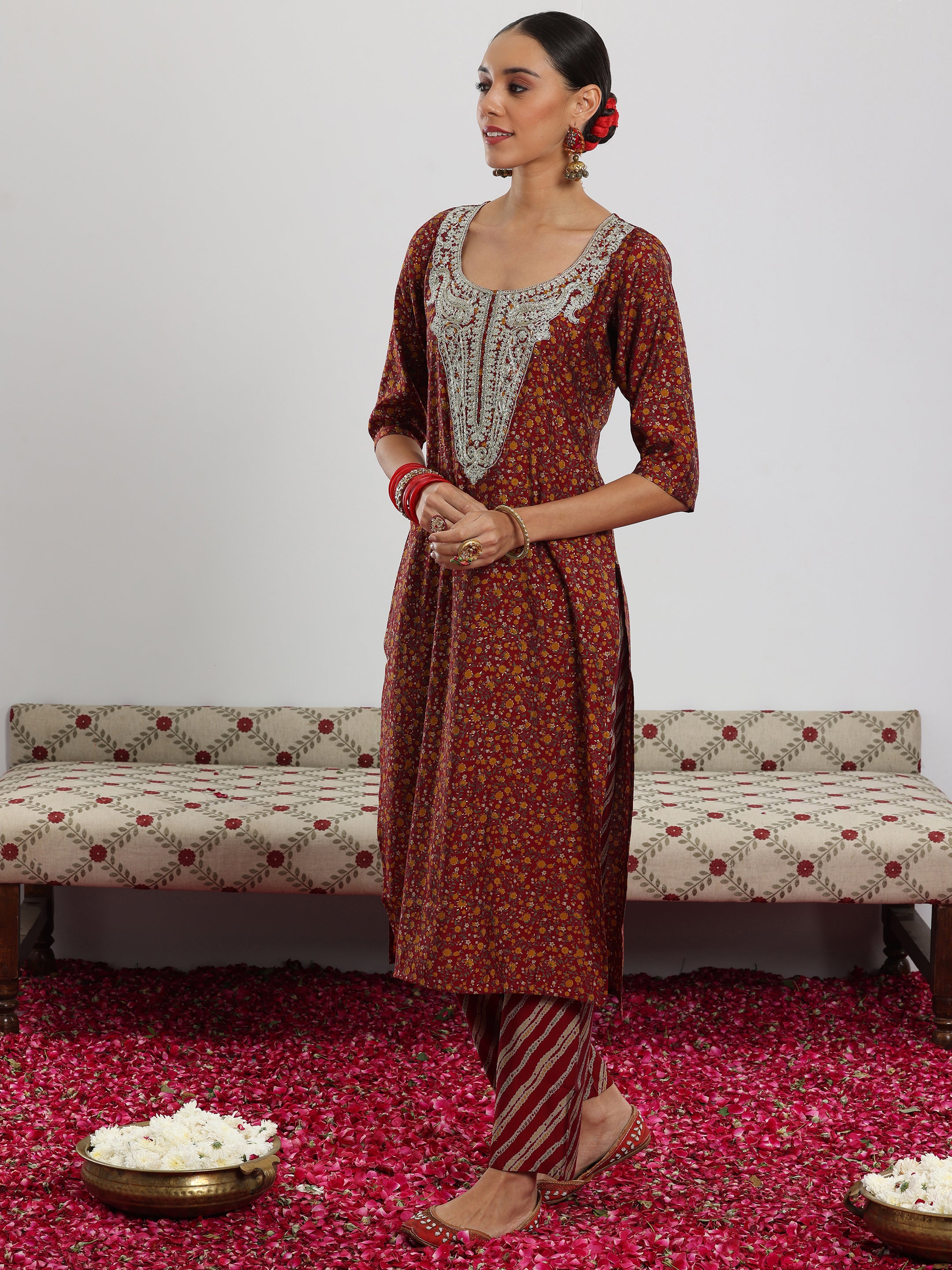 Maroon Printed Silk Blend Straight Suit With Dupatta