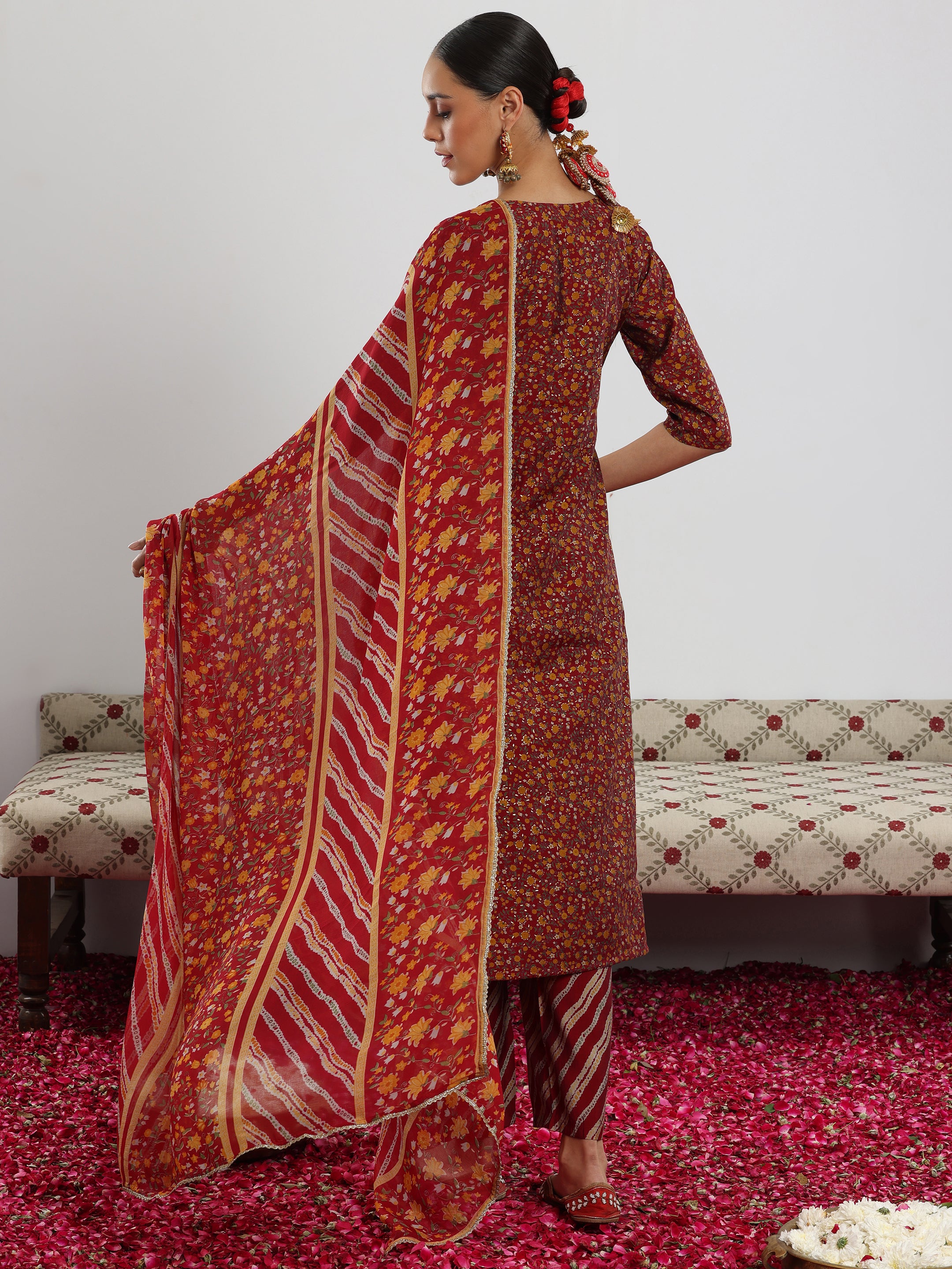 Maroon Printed Silk Blend Straight Suit With Dupatta