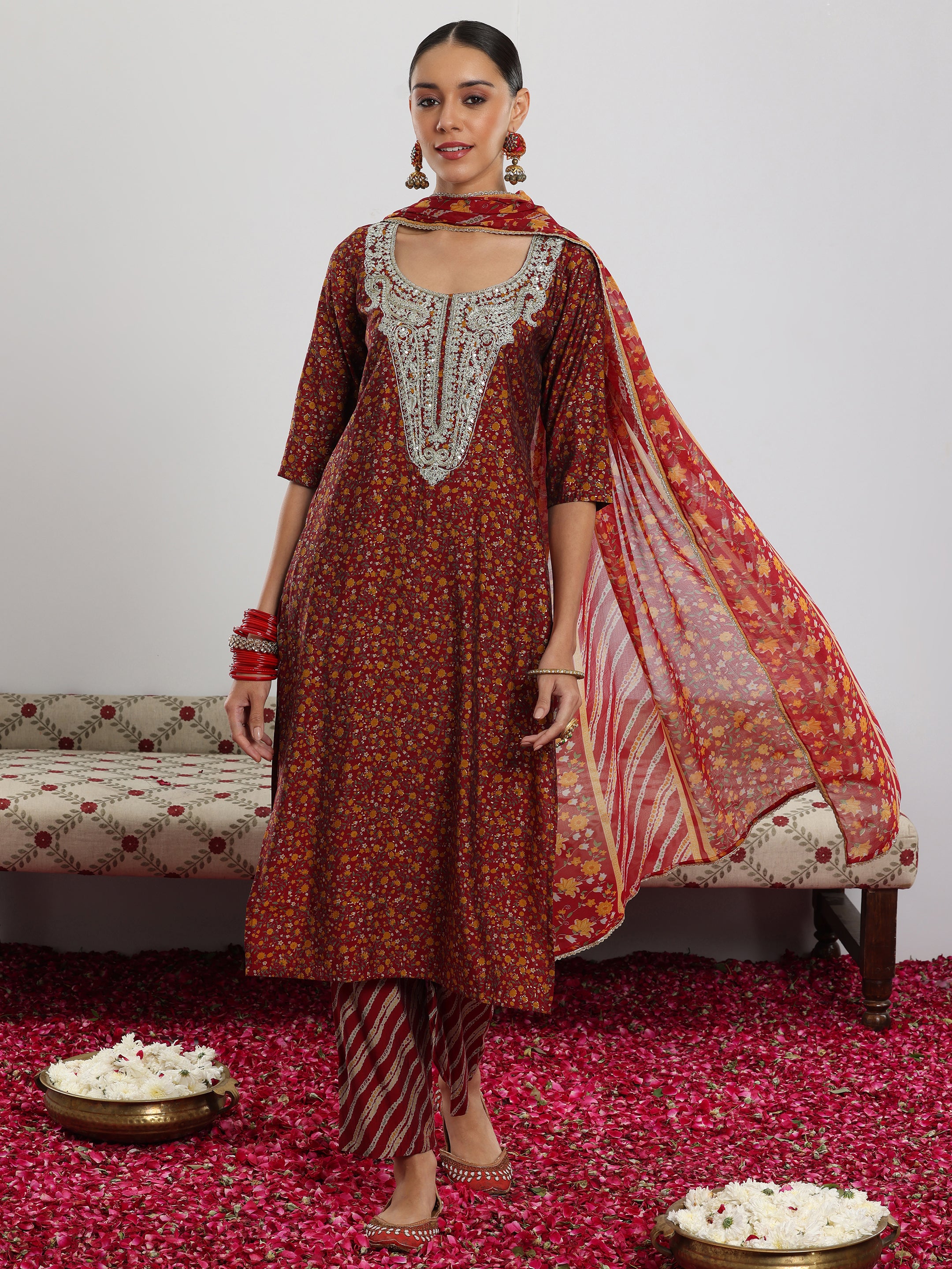 Maroon Printed Silk Blend Straight Suit With Dupatta